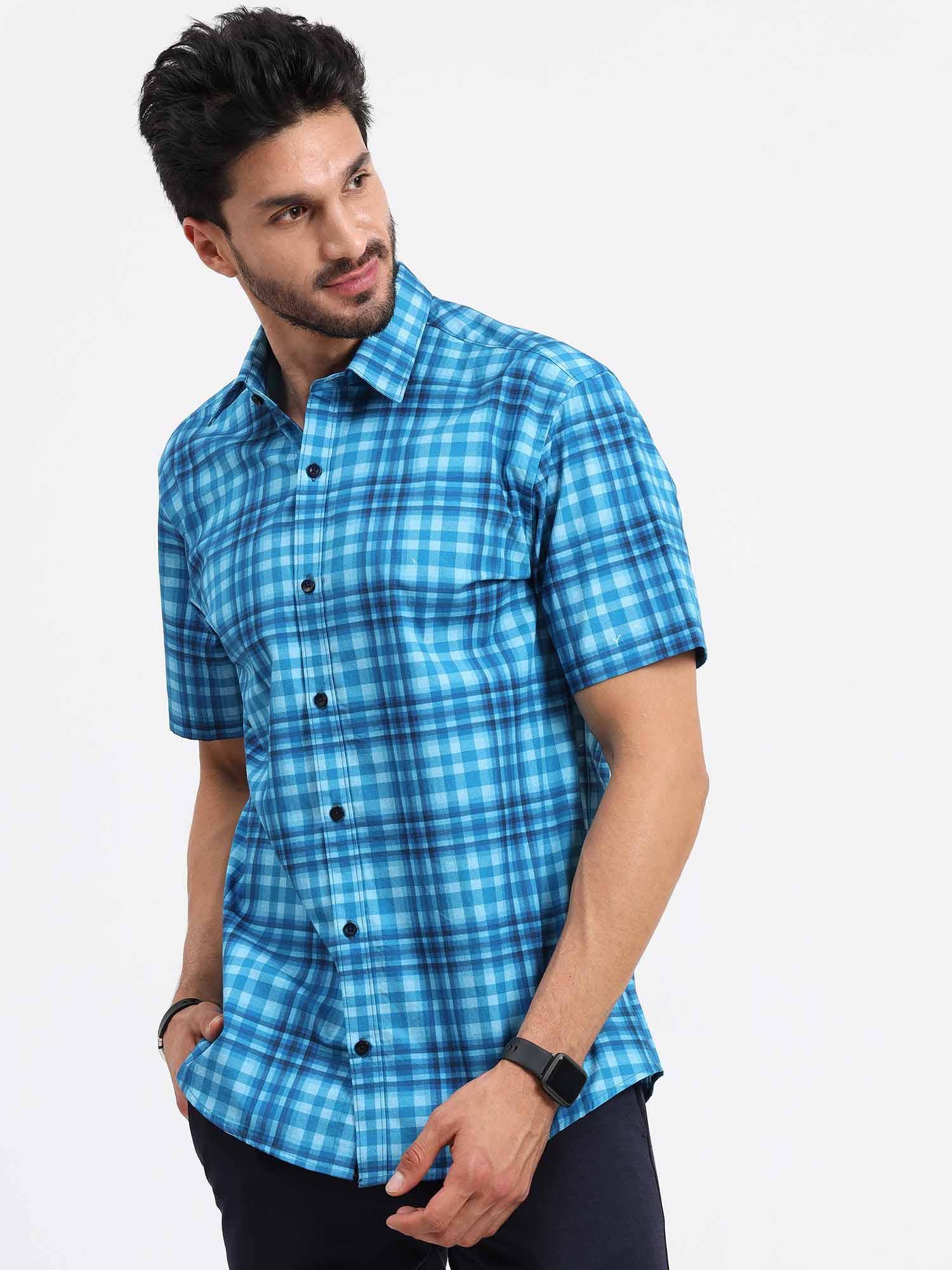 Sky Blue Large Checks Half Sleeve Shirt - Guniaa Fashions