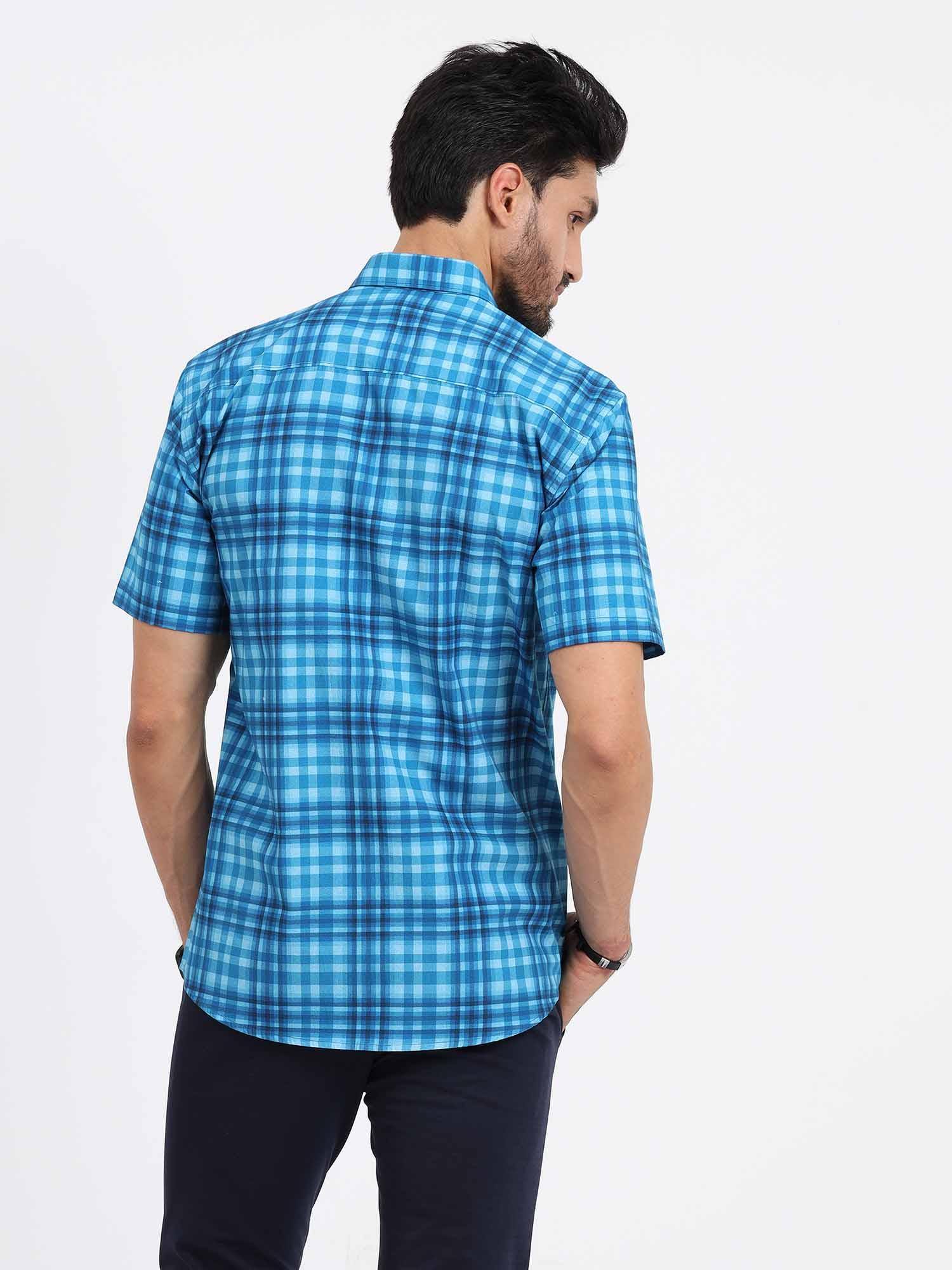 Sky Blue Large Checks Half Sleeve Shirt - Guniaa Fashions