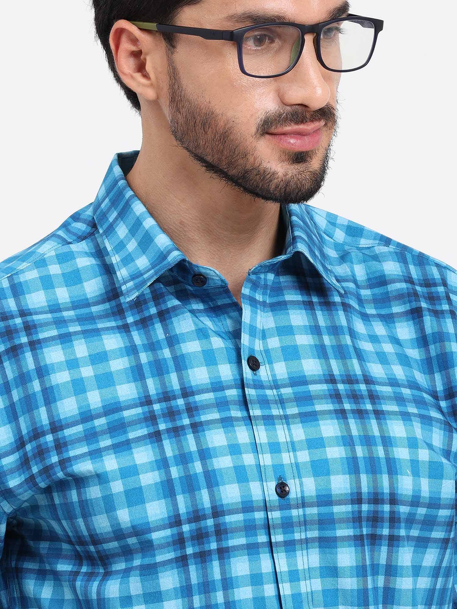 Sky Blue Large Checks Half Sleeve Shirt - Guniaa Fashions