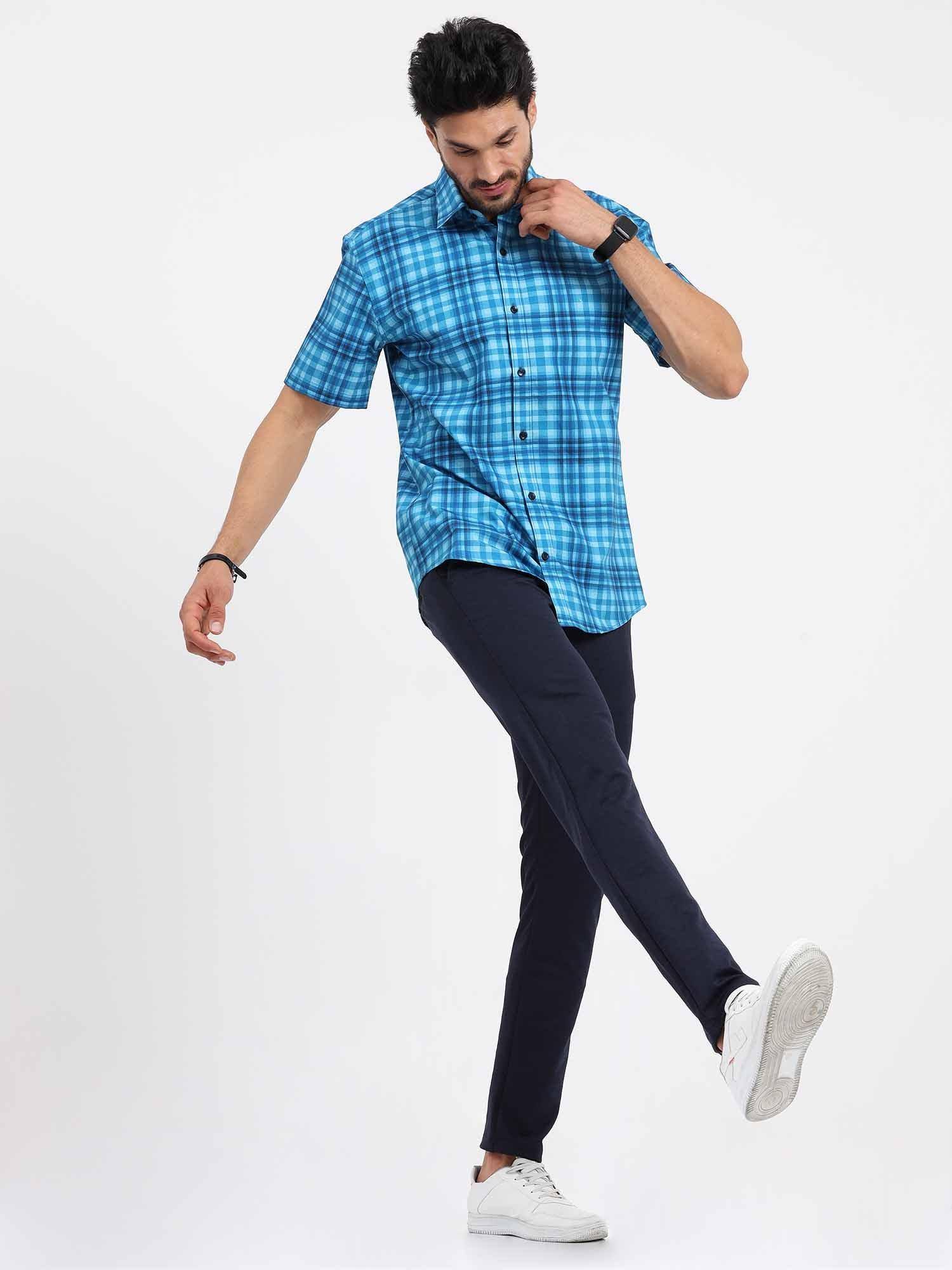 Sky Blue Large Checks Half Sleeve Shirt - Guniaa Fashions