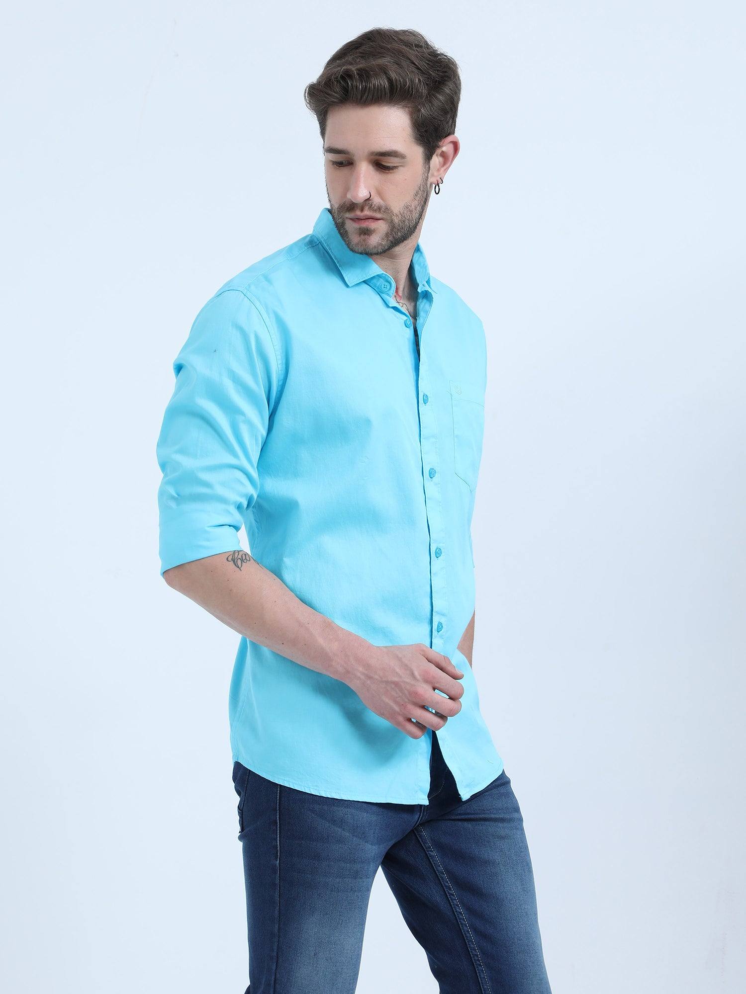 Sky Blue Solid Cotton Full Sleeve Shirt - Guniaa Fashions