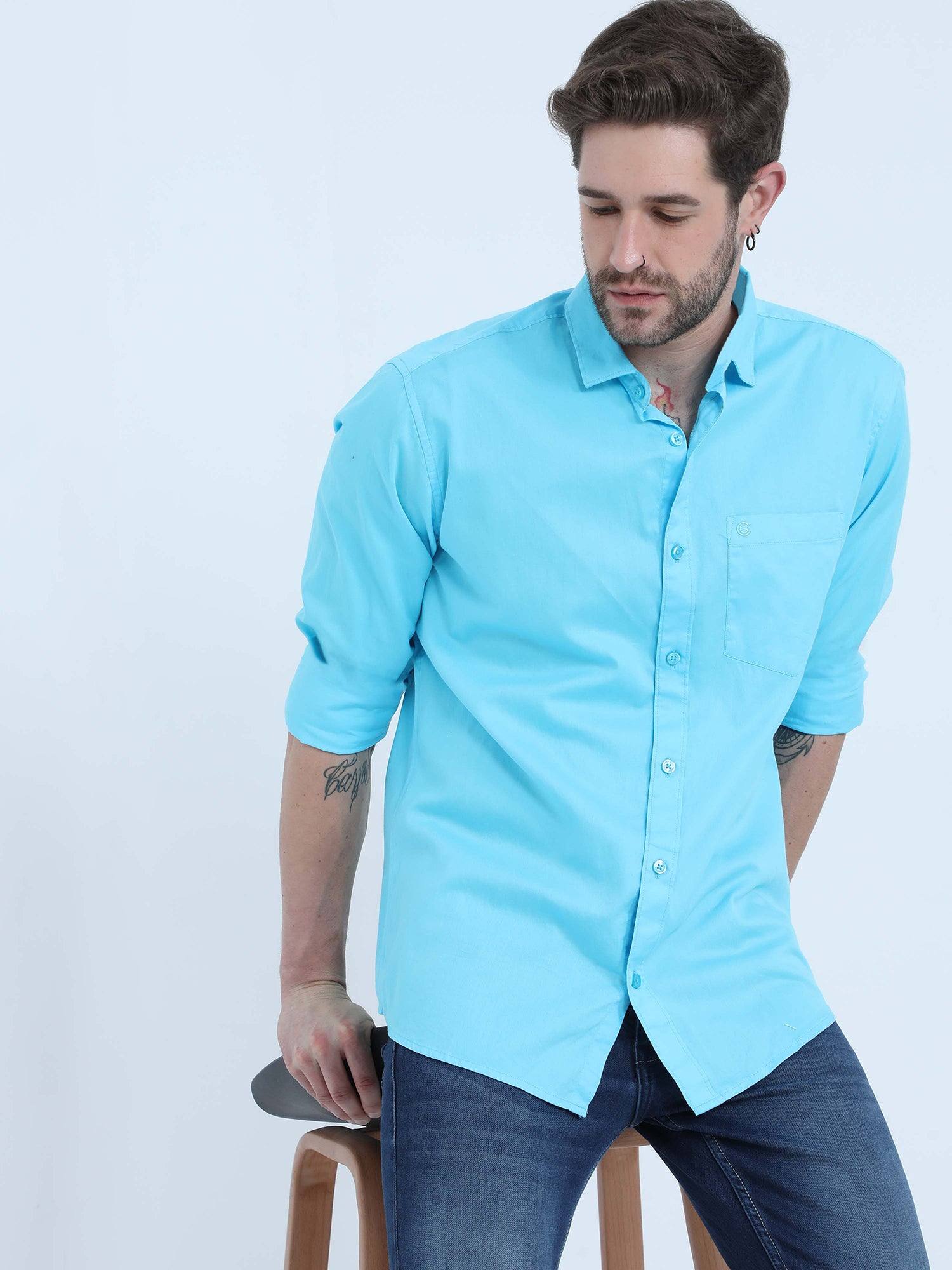 Sky Blue Solid Cotton Full Sleeve Shirt - Guniaa Fashions