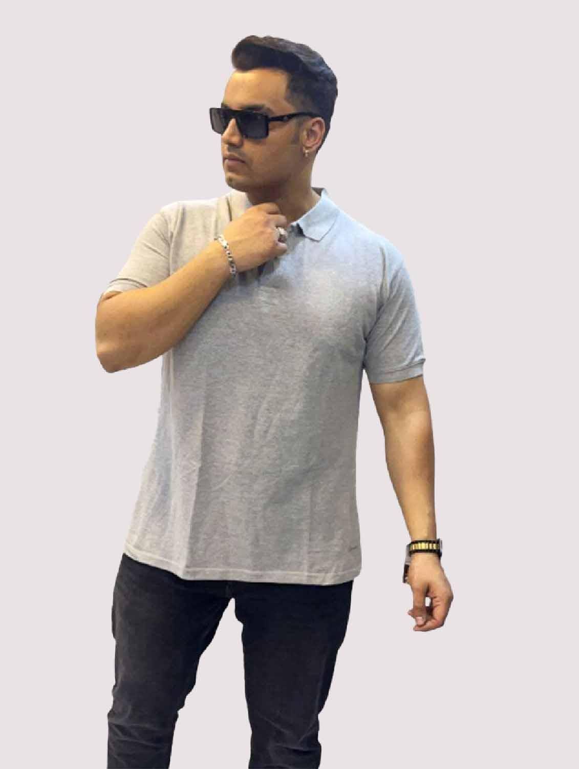 Stone Grey Solid Polo Collar Pure Cotton T-SHIRT Men's Plus Size - Guniaa Fashions