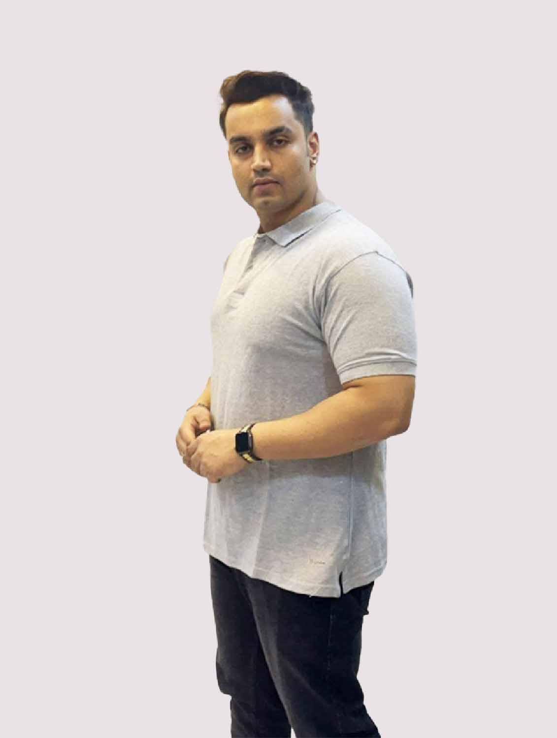 Stone Grey Solid Polo Collar Pure Cotton T-SHIRT Men's Plus Size - Guniaa Fashions