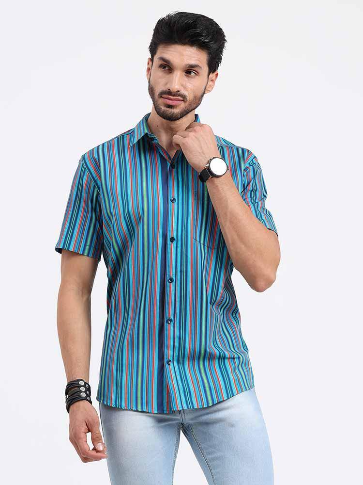 Stripe Multi Navy Turquoise Printed Half Sleeve Shirt - Guniaa Fashions