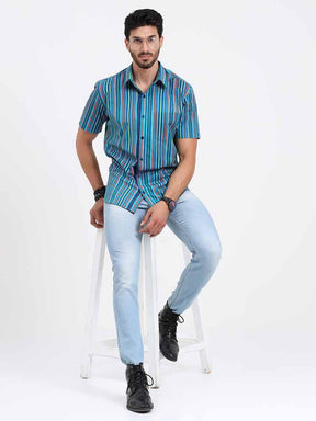 Stripe Multi Navy Turquoise Printed Half Sleeve Shirt - Guniaa Fashions