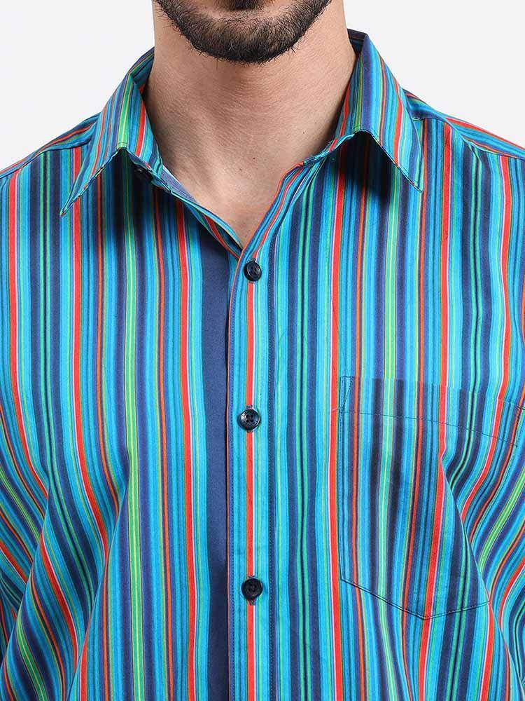 Stripe Multi Navy Turquoise Printed Half Sleeve Shirt - Guniaa Fashions