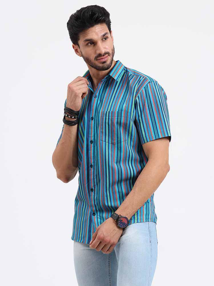 Stripe Multi Navy Turquoise Printed Half Sleeve Shirt - Guniaa Fashions