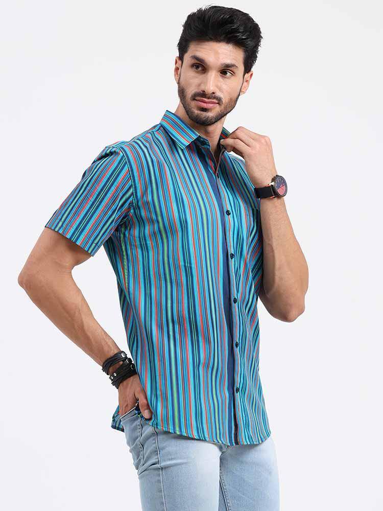 Stripe Multi Navy Turquoise Printed Half Sleeve Shirt - Guniaa Fashions