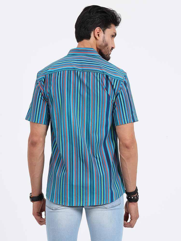 Stripe Multi Navy Turquoise Printed Half Sleeve Shirt - Guniaa Fashions