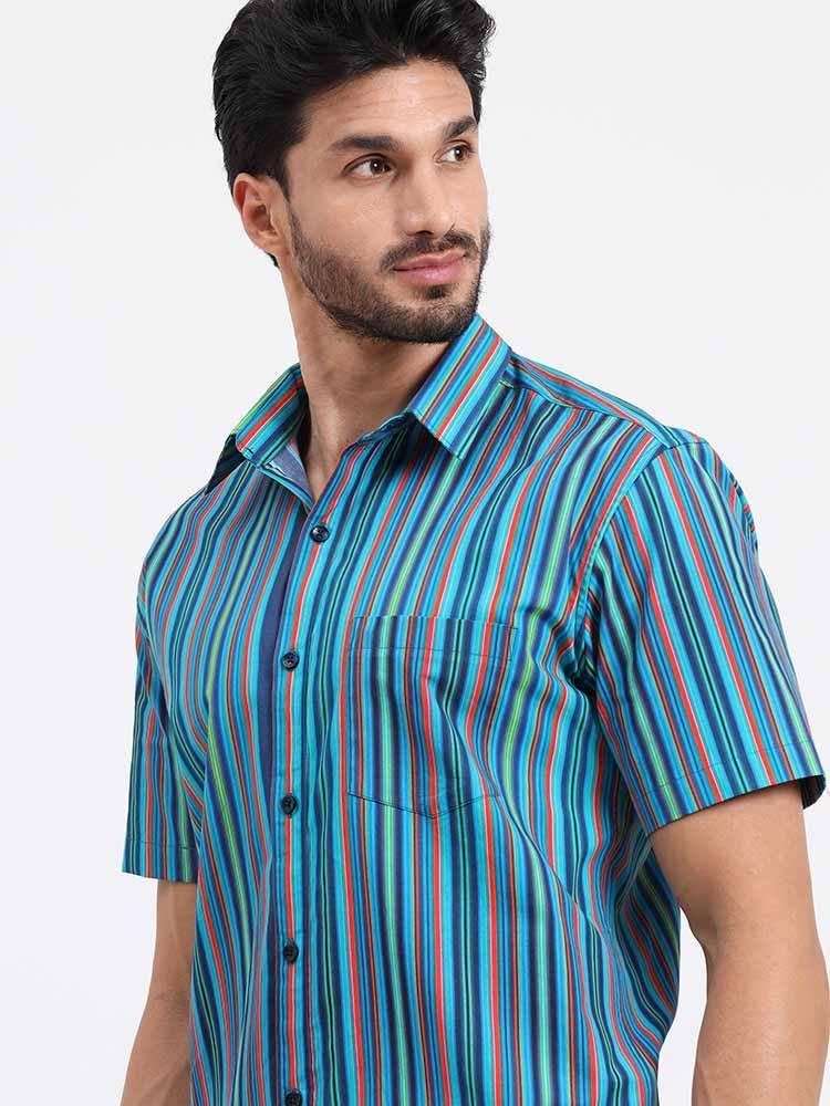 Stripe Multi Navy Turquoise Printed Half Sleeve Shirt - Guniaa Fashions