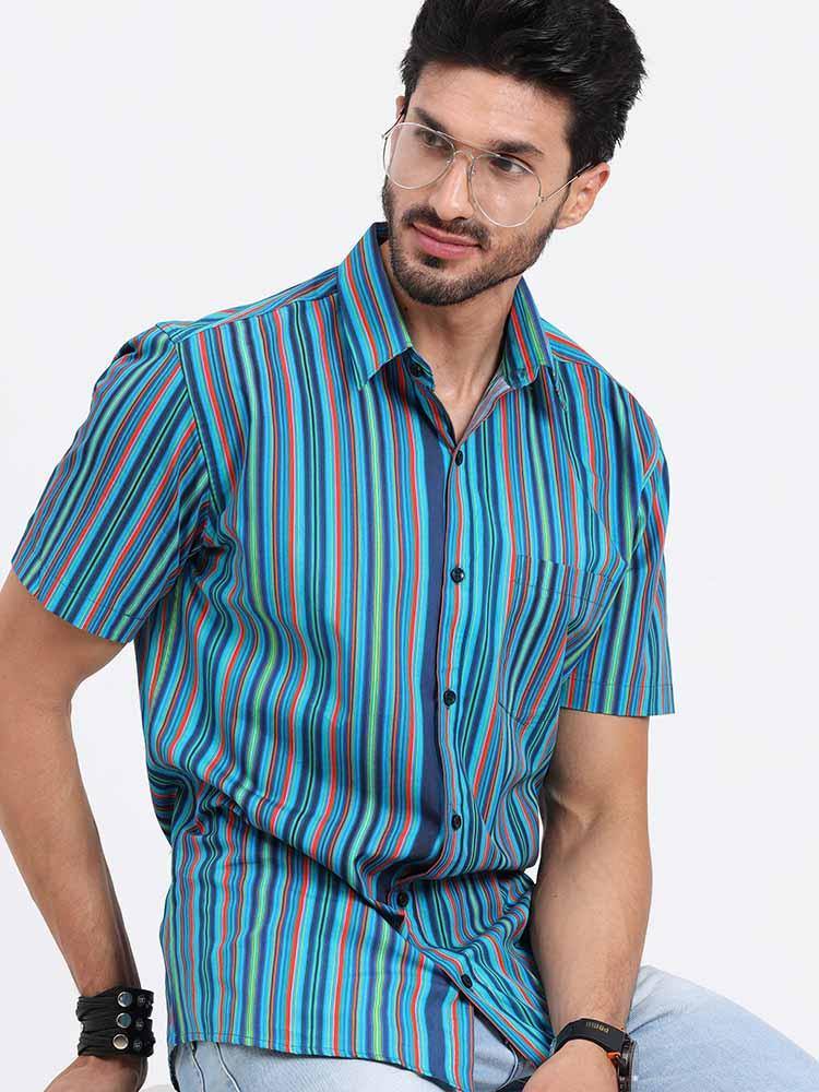 Stripe Multi Navy Turquoise Printed Half Sleeve Shirt - Guniaa Fashions