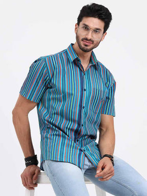 Stripe Multi Navy Turquoise Printed Half Sleeve Shirt - Guniaa Fashions