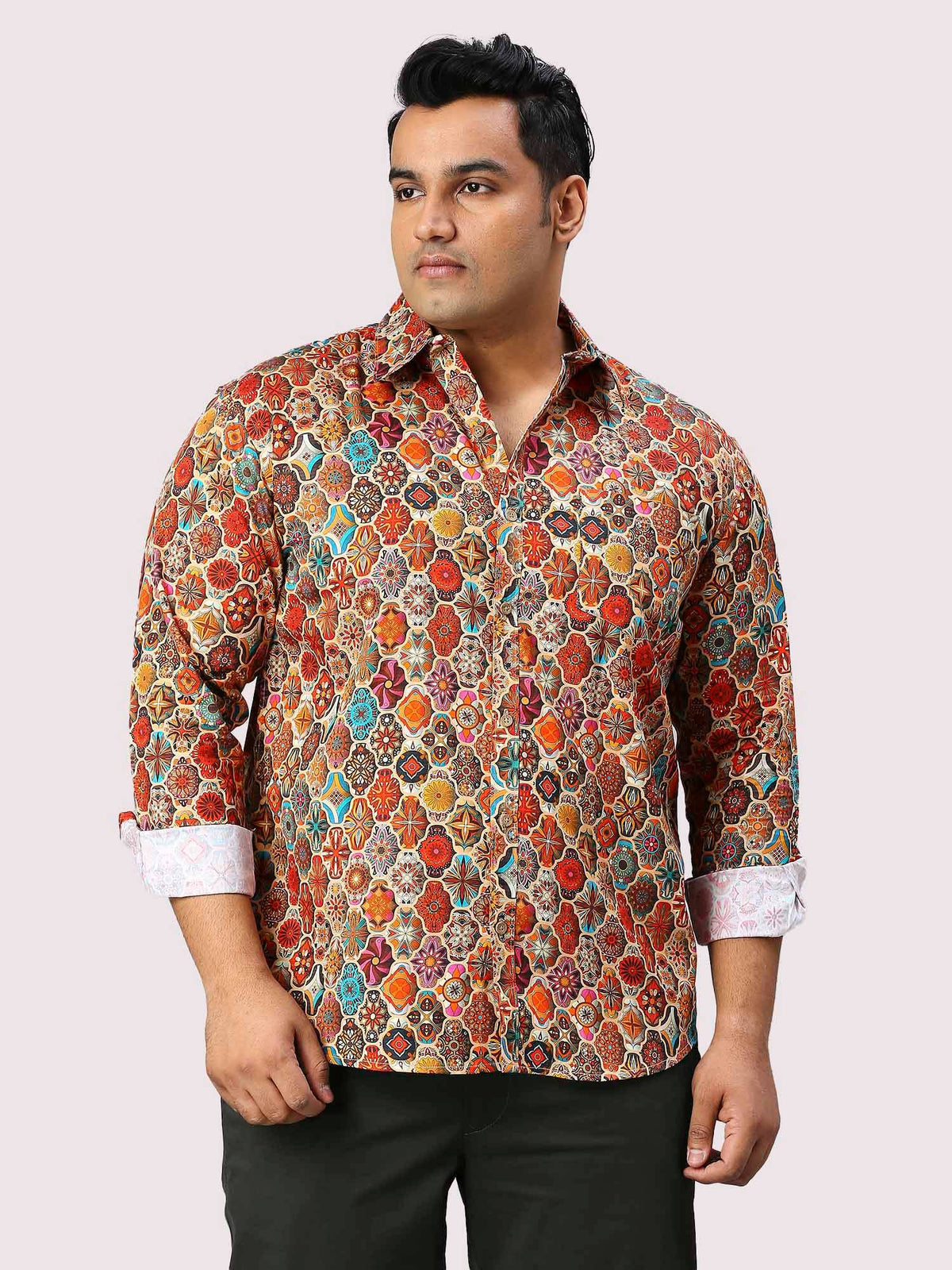 Tangerine Blocks Digital Printed Full Sleeve Men's Plus Size Shirt - Guniaa Fashions