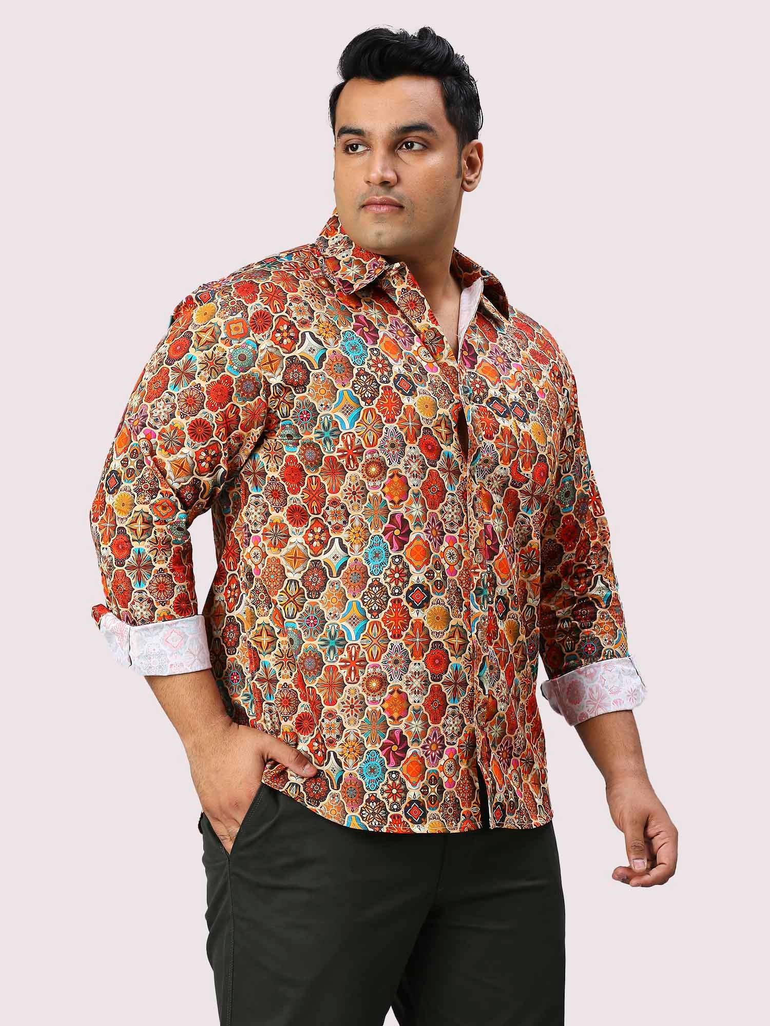 Tangerine Blocks Digital Printed Full Sleeve Men's Plus Size Shirt - Guniaa Fashions