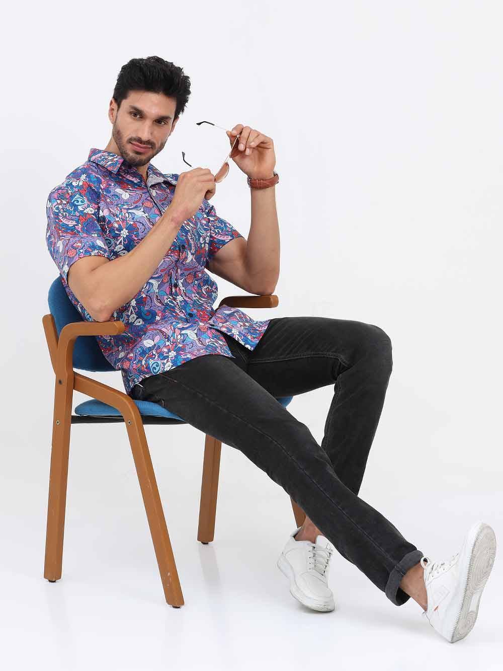 Tracery Digital Printed Cotton Half Sleeve Shirt - Guniaa Fashions