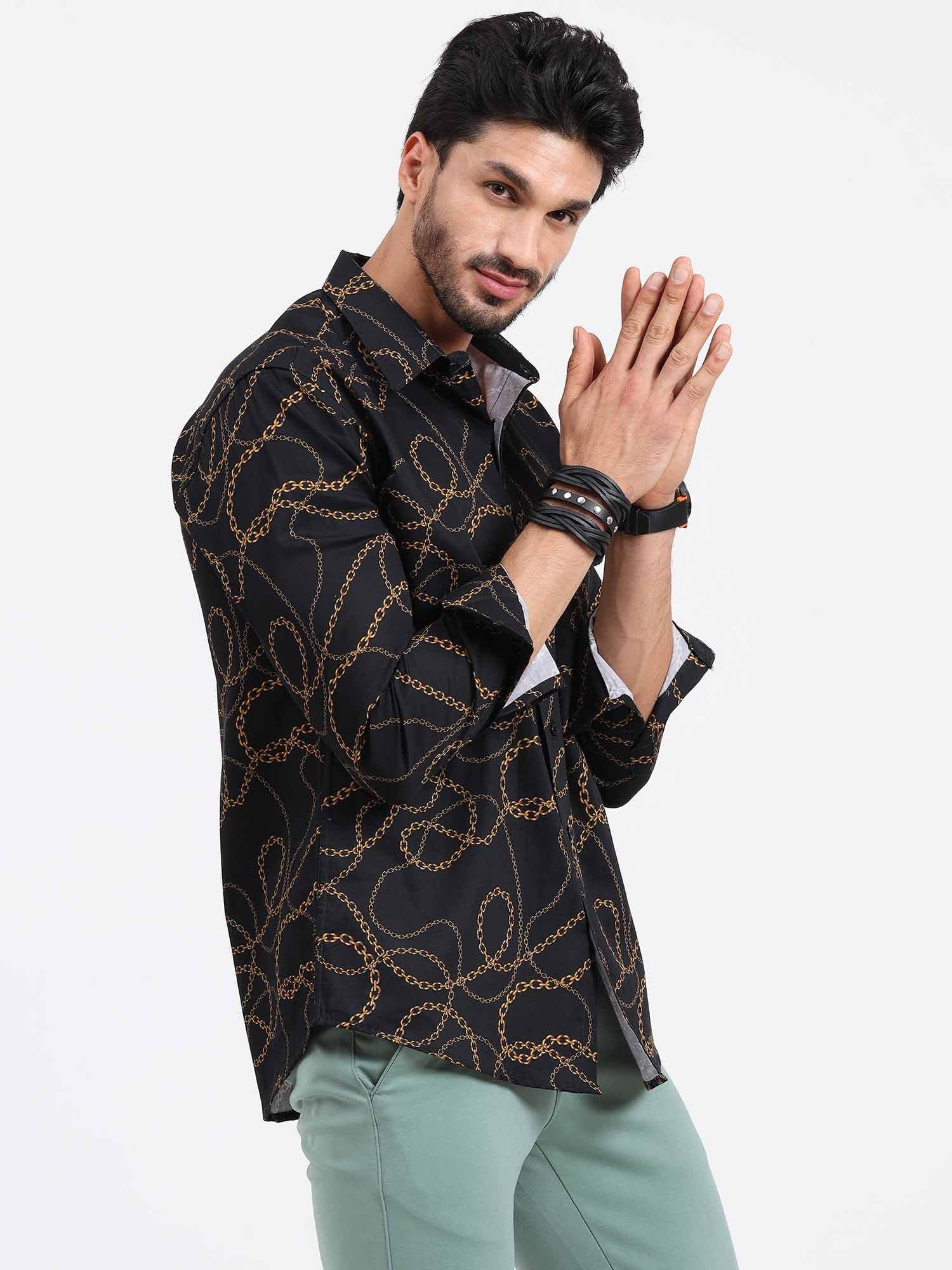 Vegas Golden Wire Black Cotton Full Sleeve Shirt - Guniaa Fashions