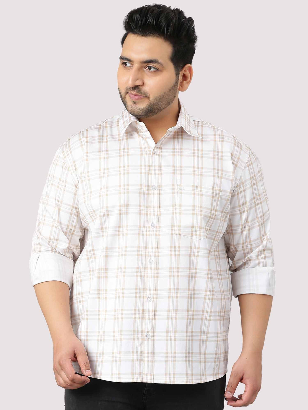 White and Cream Checkered Cotton Shirt Men's Plus Size - Guniaa Fashions