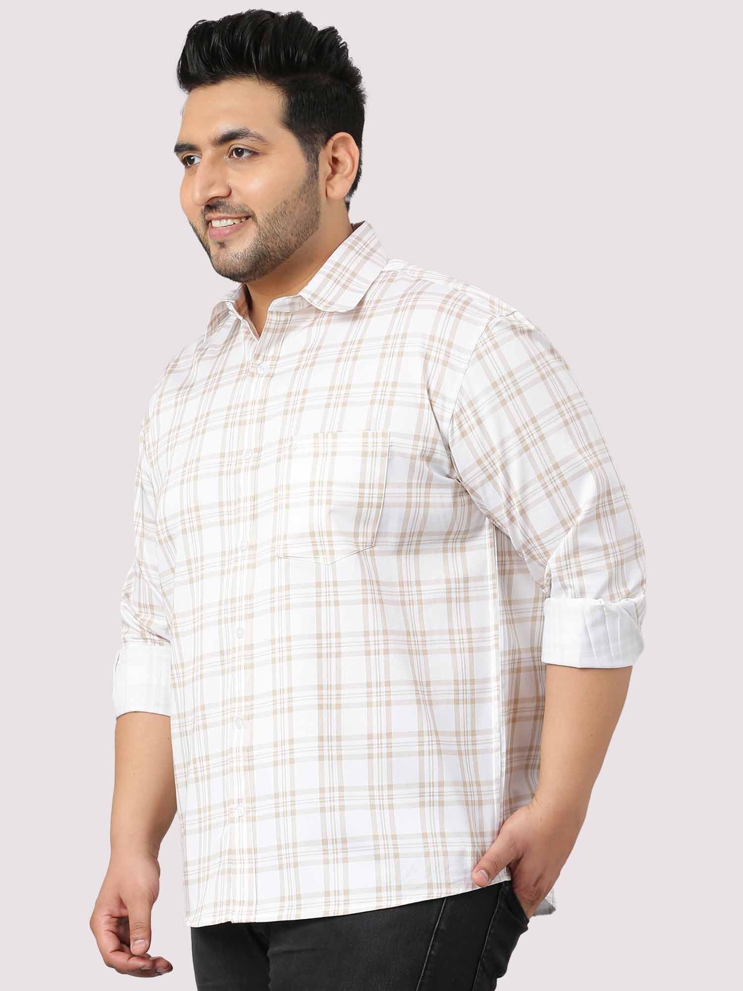 White and Cream Checkered Cotton Shirt Men's Plus Size - Guniaa Fashions