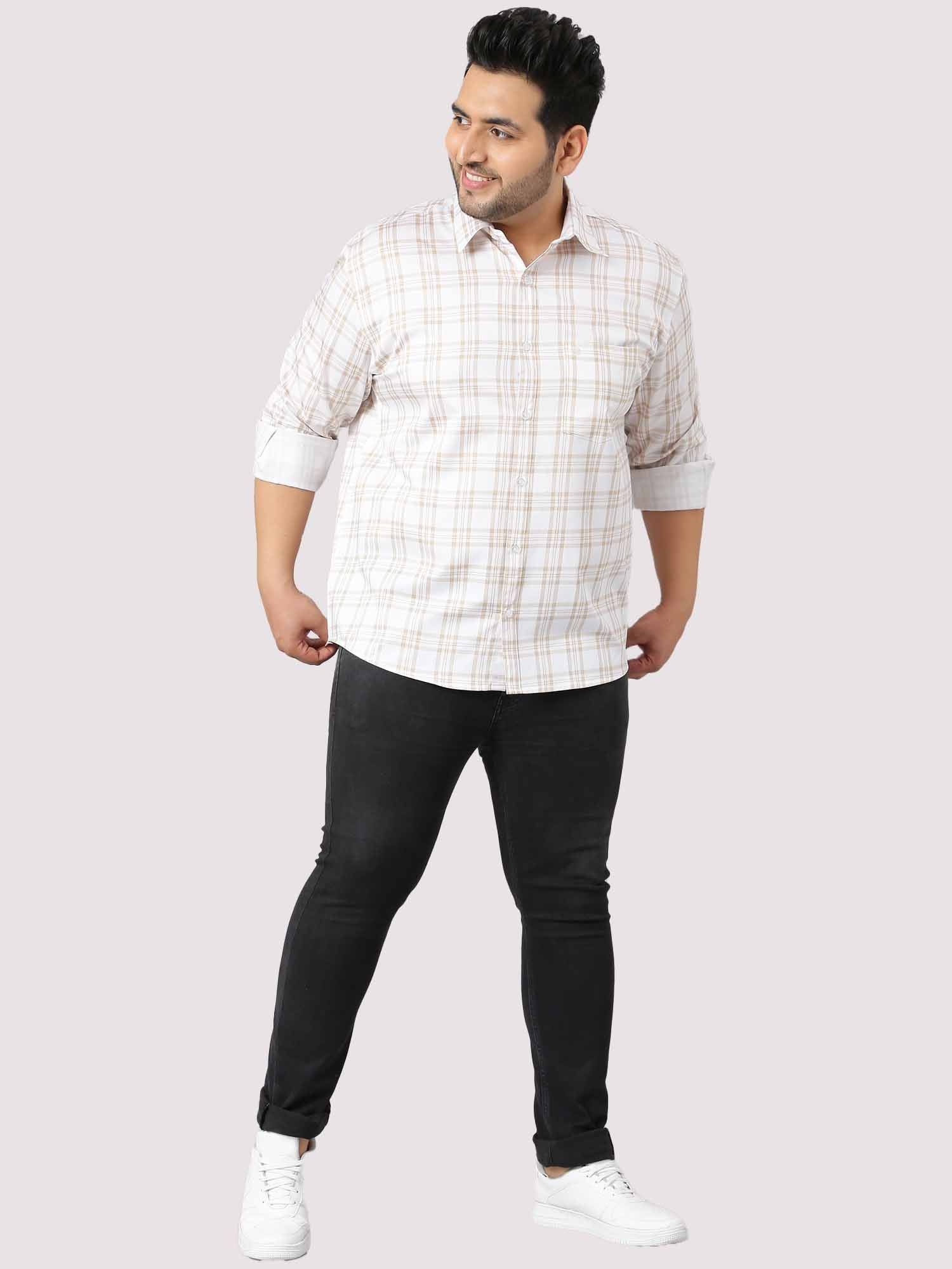 White and Cream Checkered Cotton Shirt Men's Plus Size - Guniaa Fashions