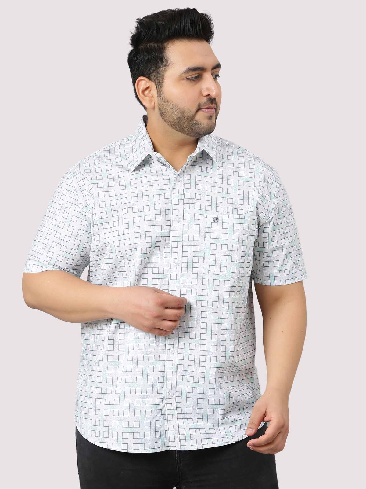 White Grey Connecting Checks Half Sleeve Shirt Men's Plus Size - Guniaa Fashions