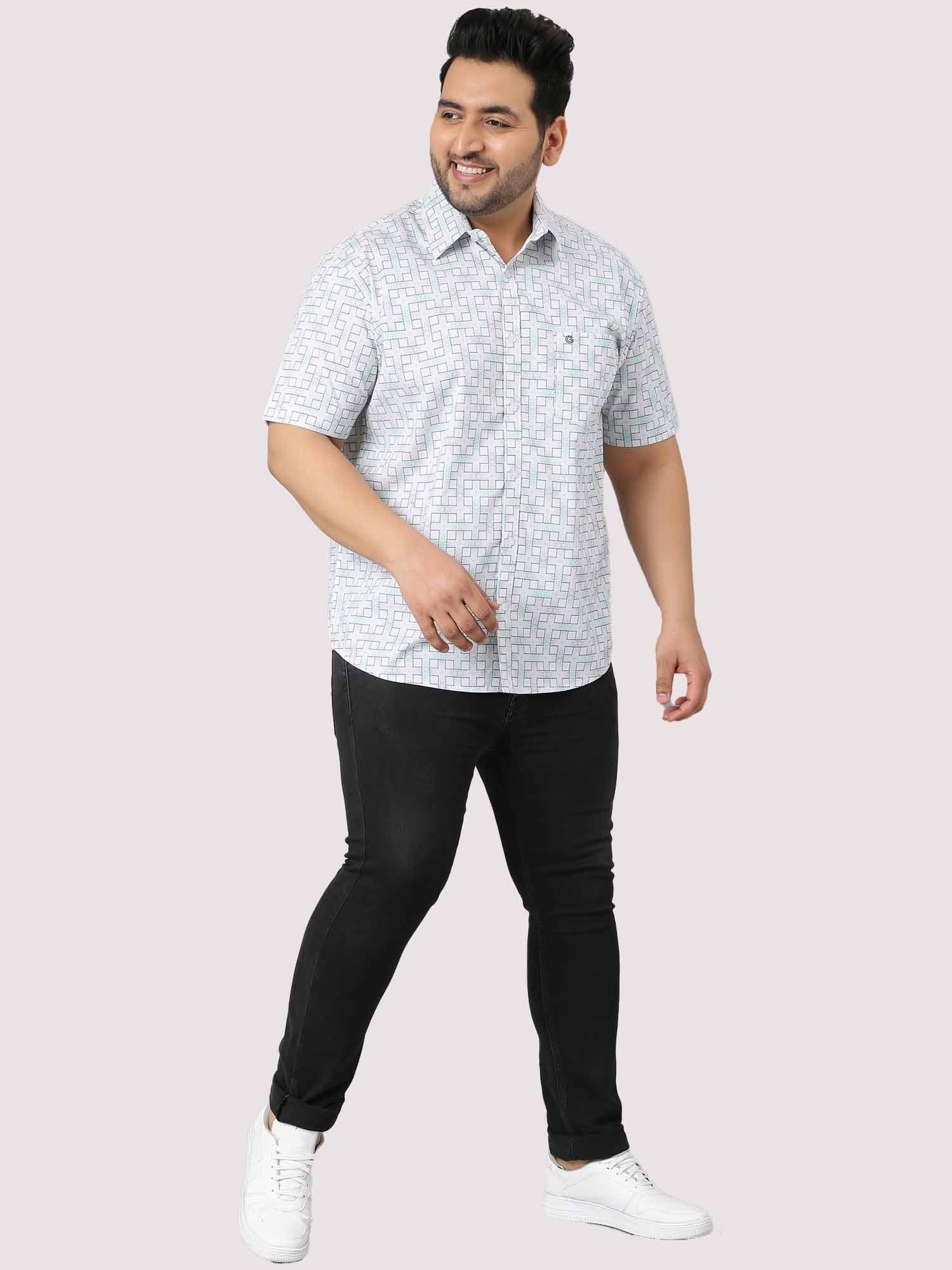 White Grey Connecting Checks Half Sleeve Shirt Men's Plus Size - Guniaa Fashions