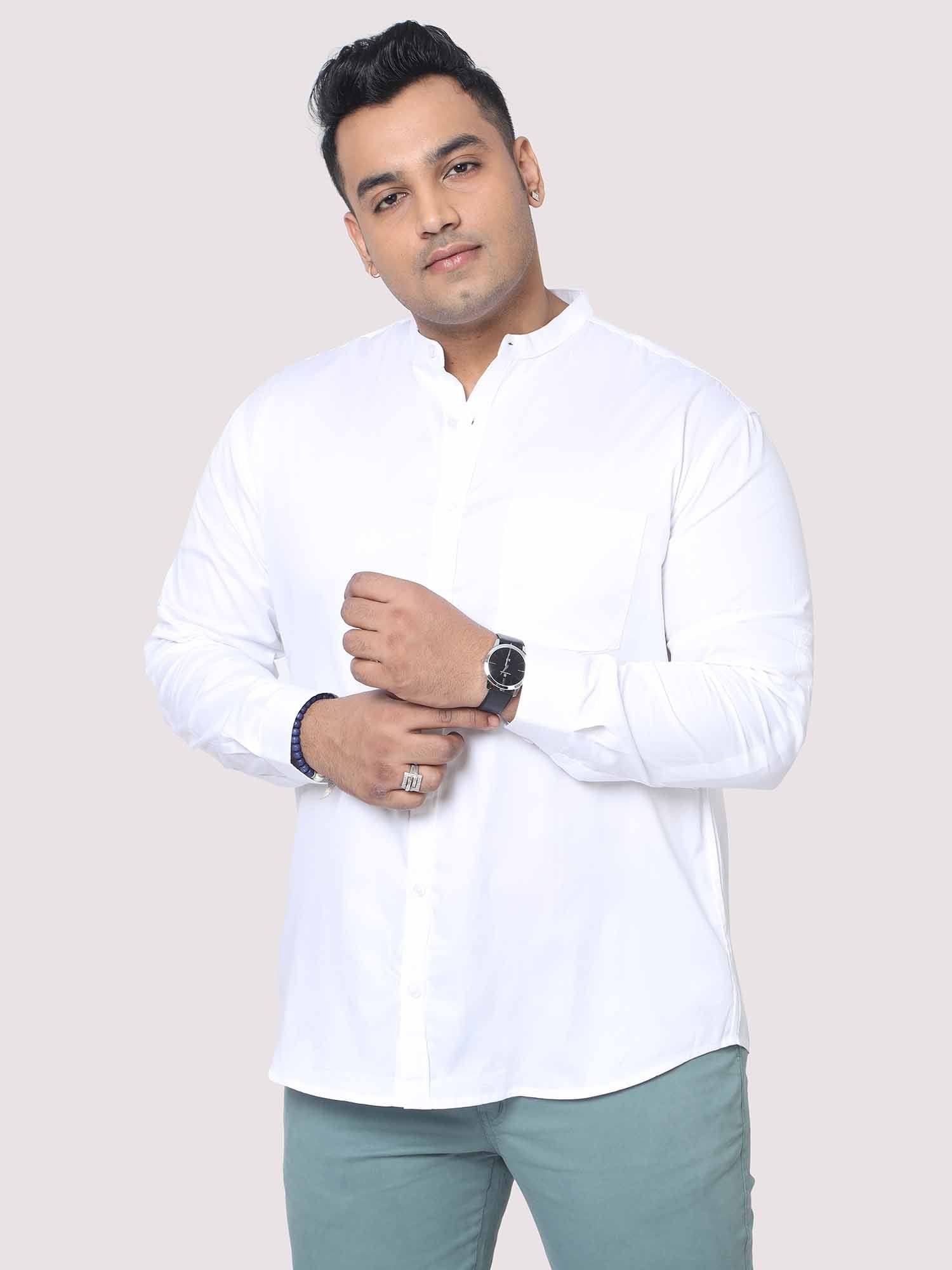 White Mandarin Collar Men's Plus Size Cotton Full Shirt - Guniaa Fashions