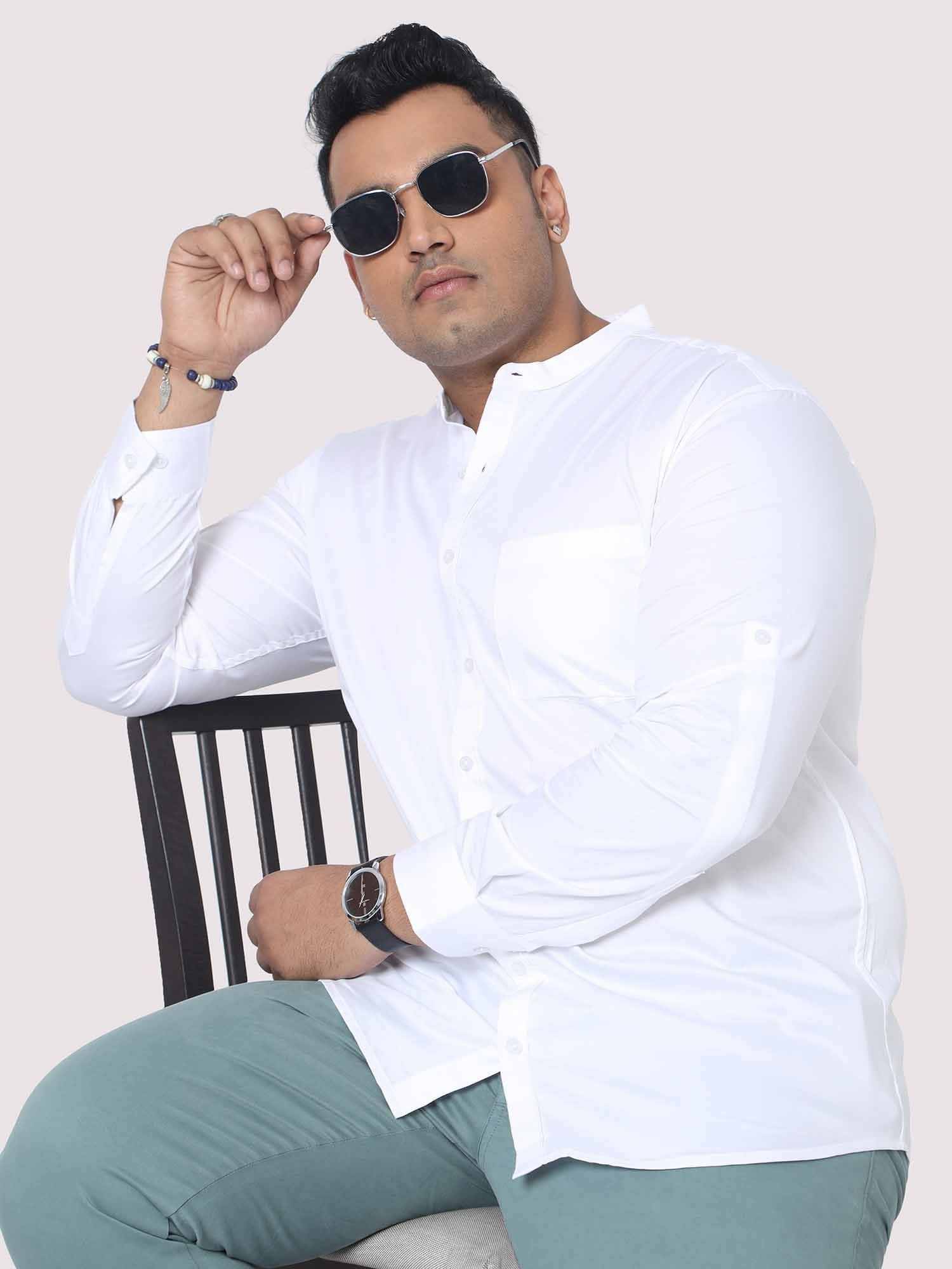 White Mandarin Collar Men's Plus Size Cotton Full Shirt - Guniaa Fashions