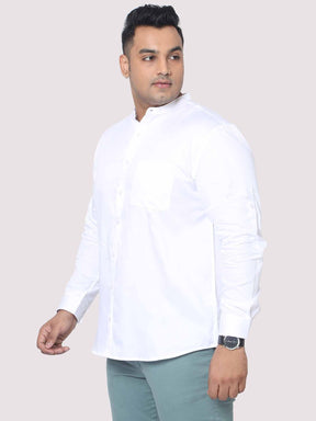White Mandarin Collar Men's Plus Size Cotton Full Shirt - Guniaa Fashions