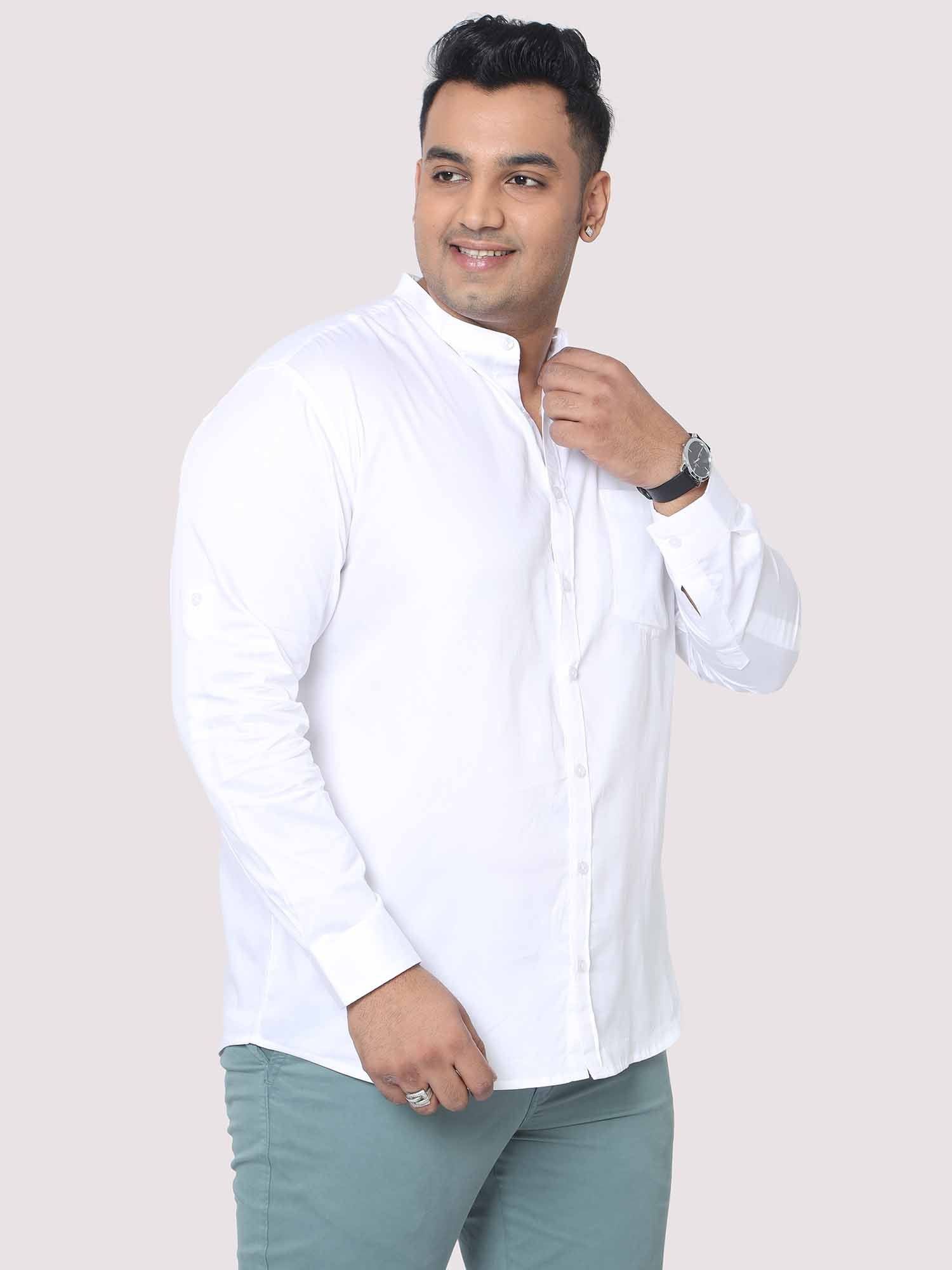 White Mandarin Collar Men's Plus Size Cotton Full Shirt - Guniaa Fashions
