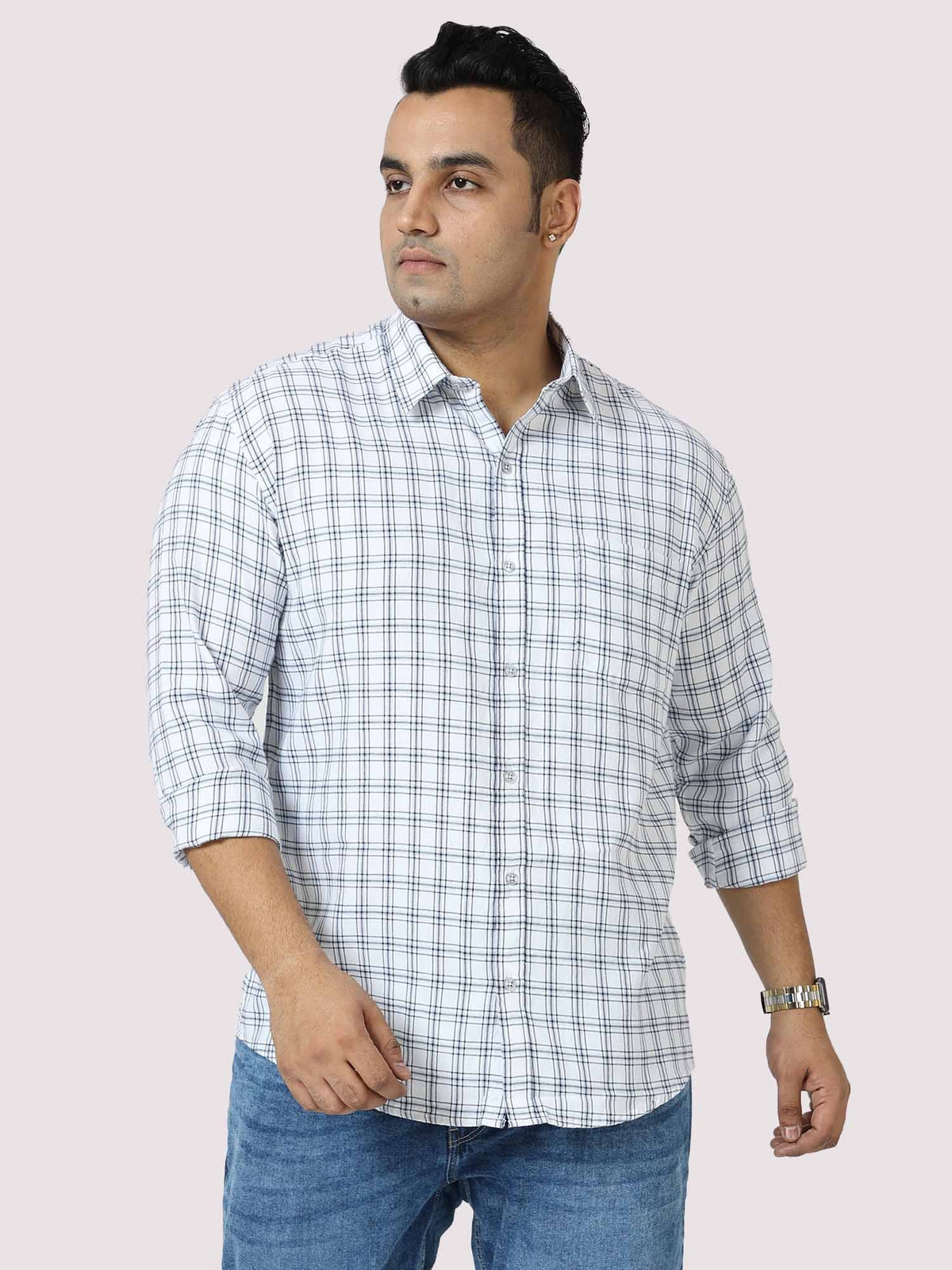White on Black Checkered Cotton Shirt Men's Plus Size - Guniaa Fashions