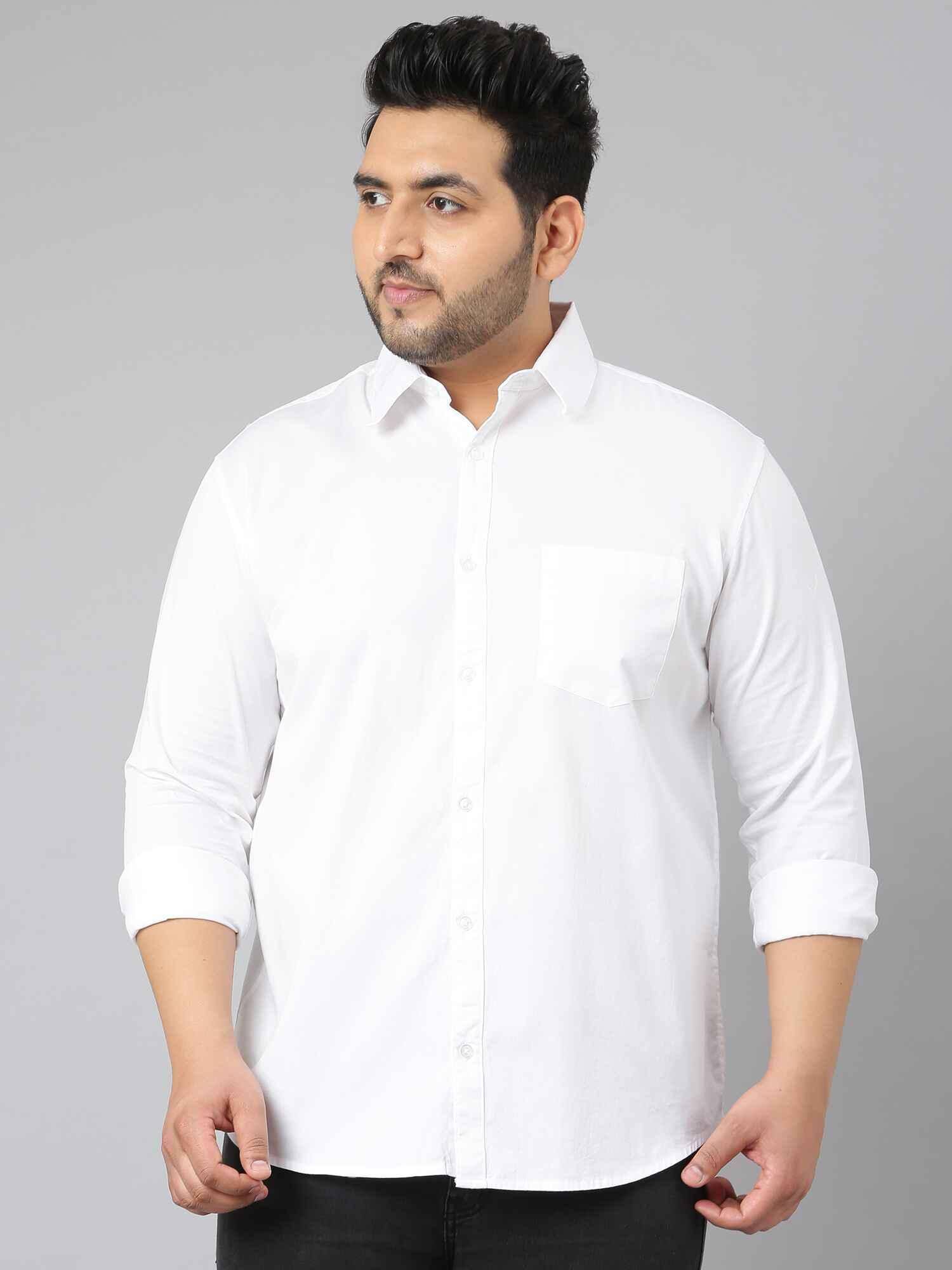 White Solid Pure Cotton Full Sleeve Shirt Men's Plus Size - Guniaa Fashions