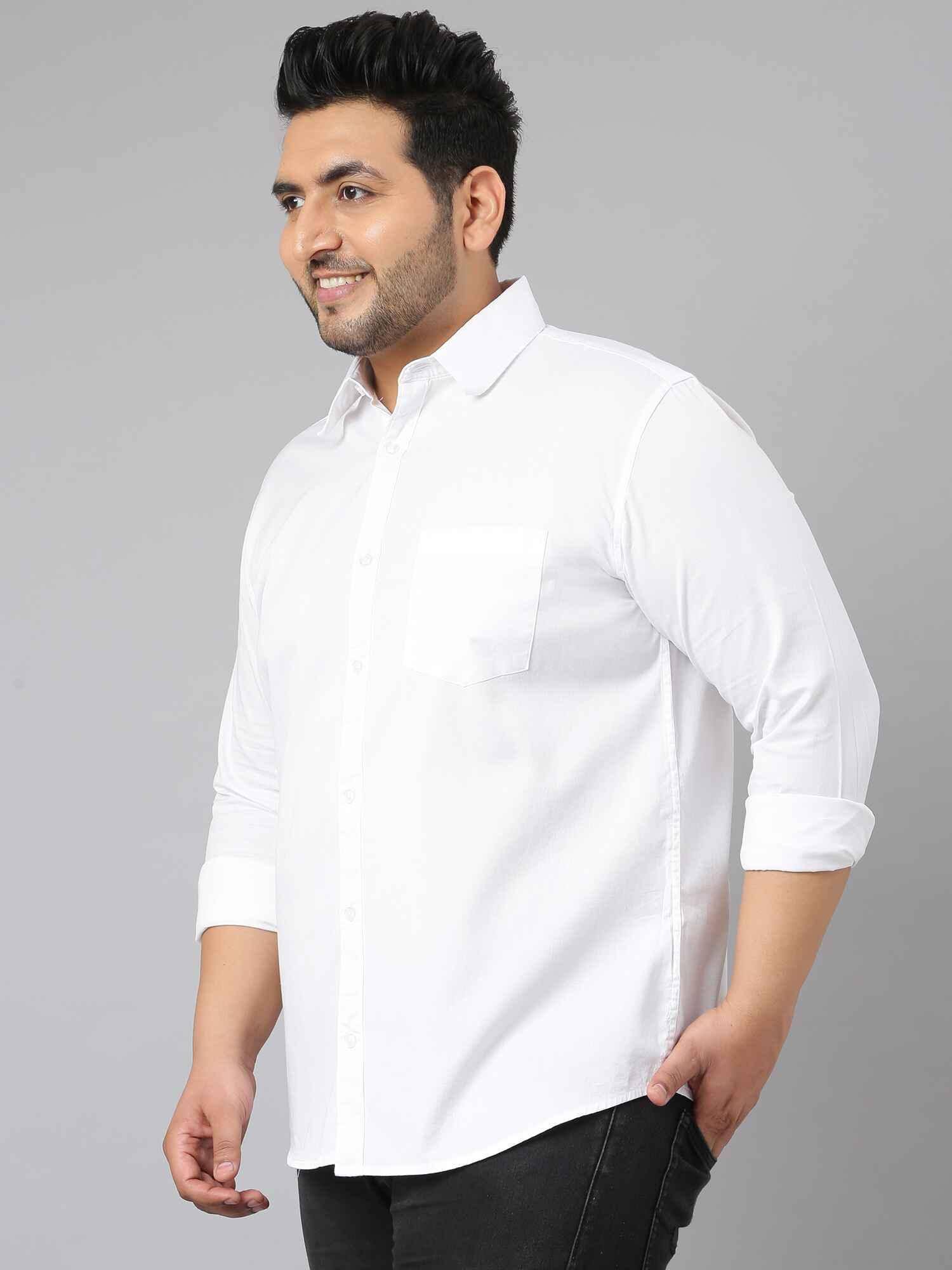 White Solid Pure Cotton Full Sleeve Shirt Men's Plus Size - Guniaa Fashions