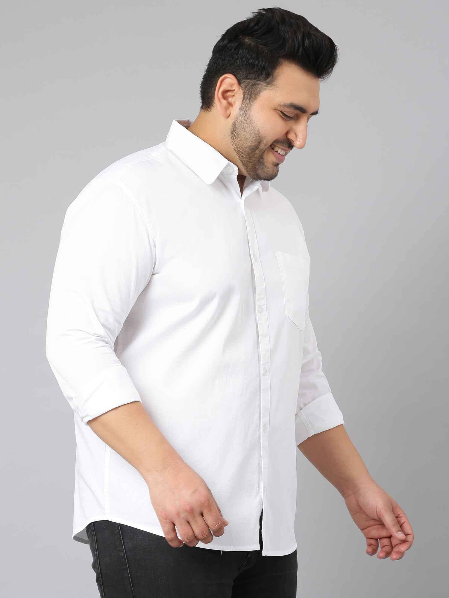 White Solid Pure Cotton Full Sleeve Shirt Men's Plus Size - Guniaa Fashions