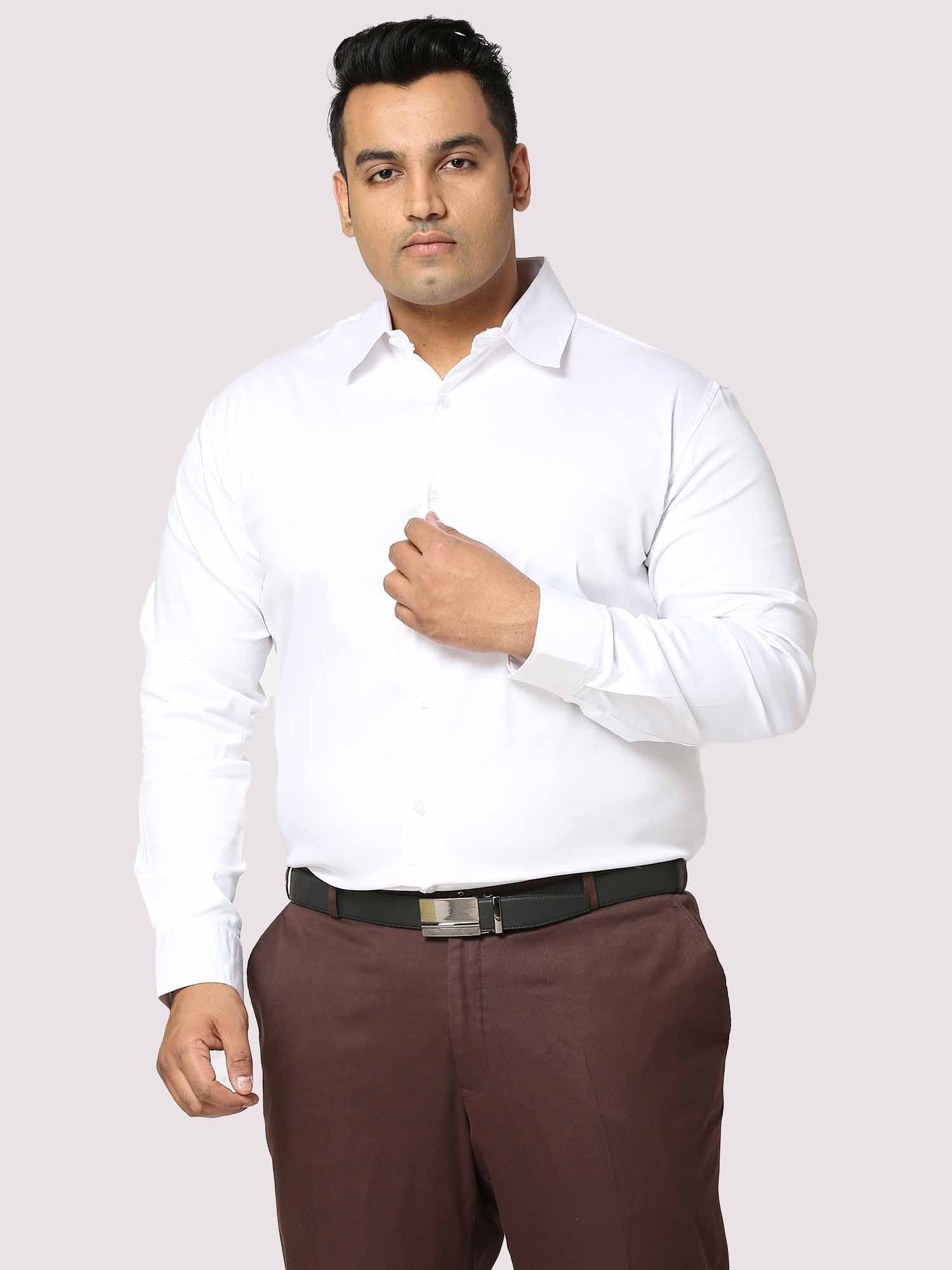 White Solid Stretchable Cotton Shirt Men's Plus Size - Guniaa Fashions