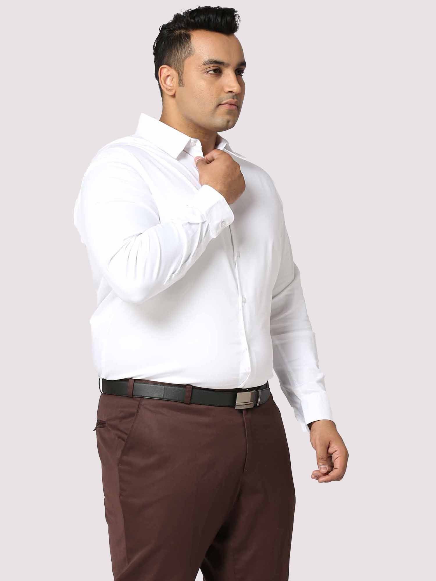 White Solid Stretchable Cotton Shirt Men's Plus Size - Guniaa Fashions