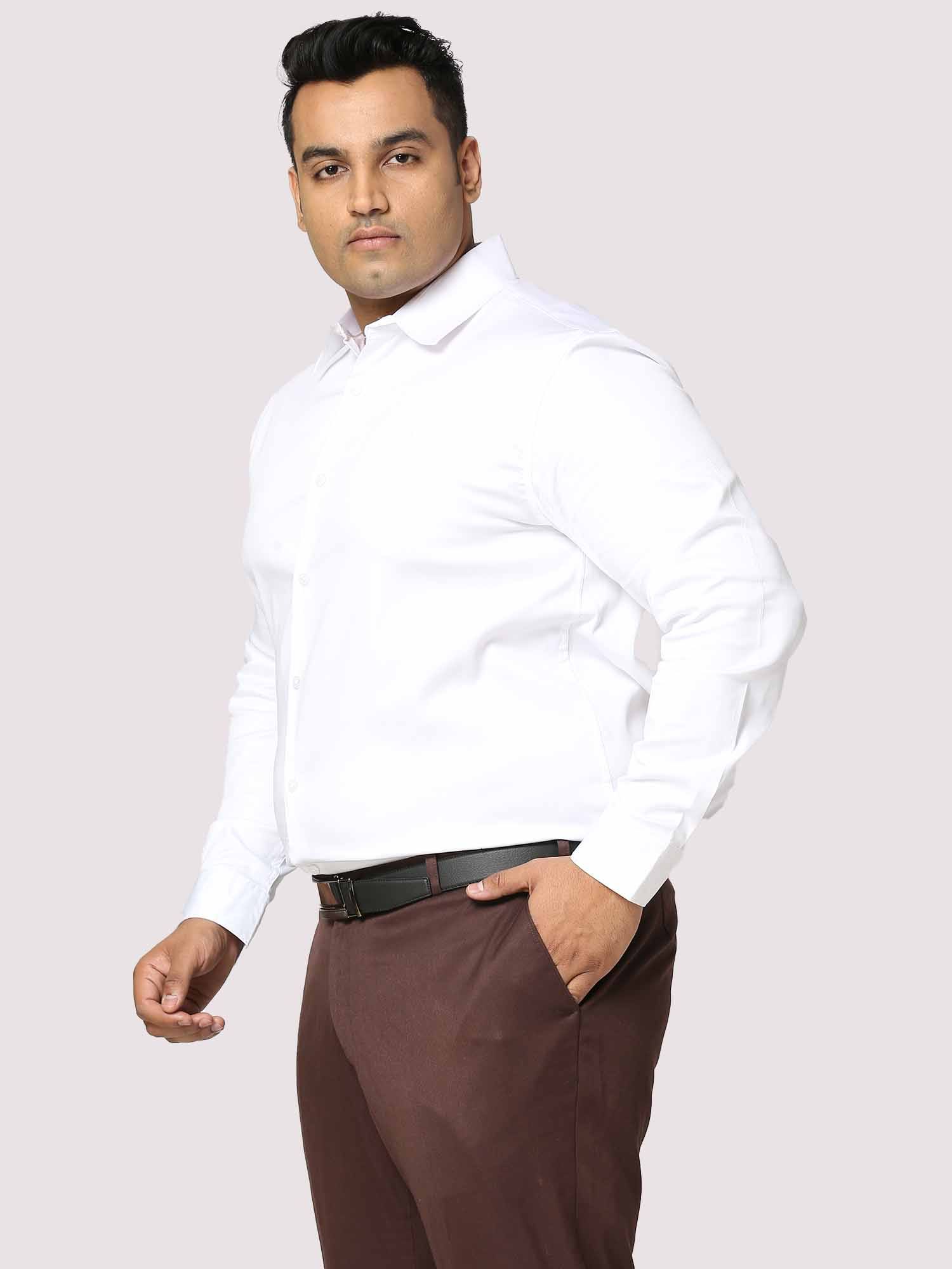 White Solid Stretchable Cotton Shirt Men's Plus Size - Guniaa Fashions