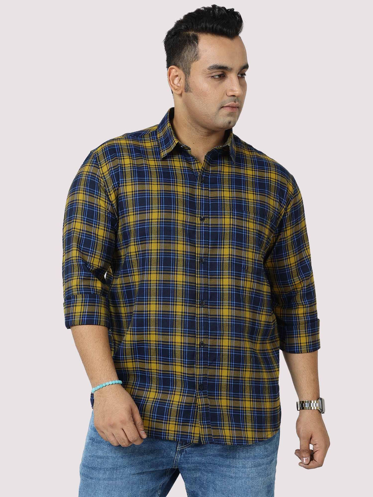Yellow and Navy Blue Checkered Full Shirt Men's Plus Size - Guniaa Fashions