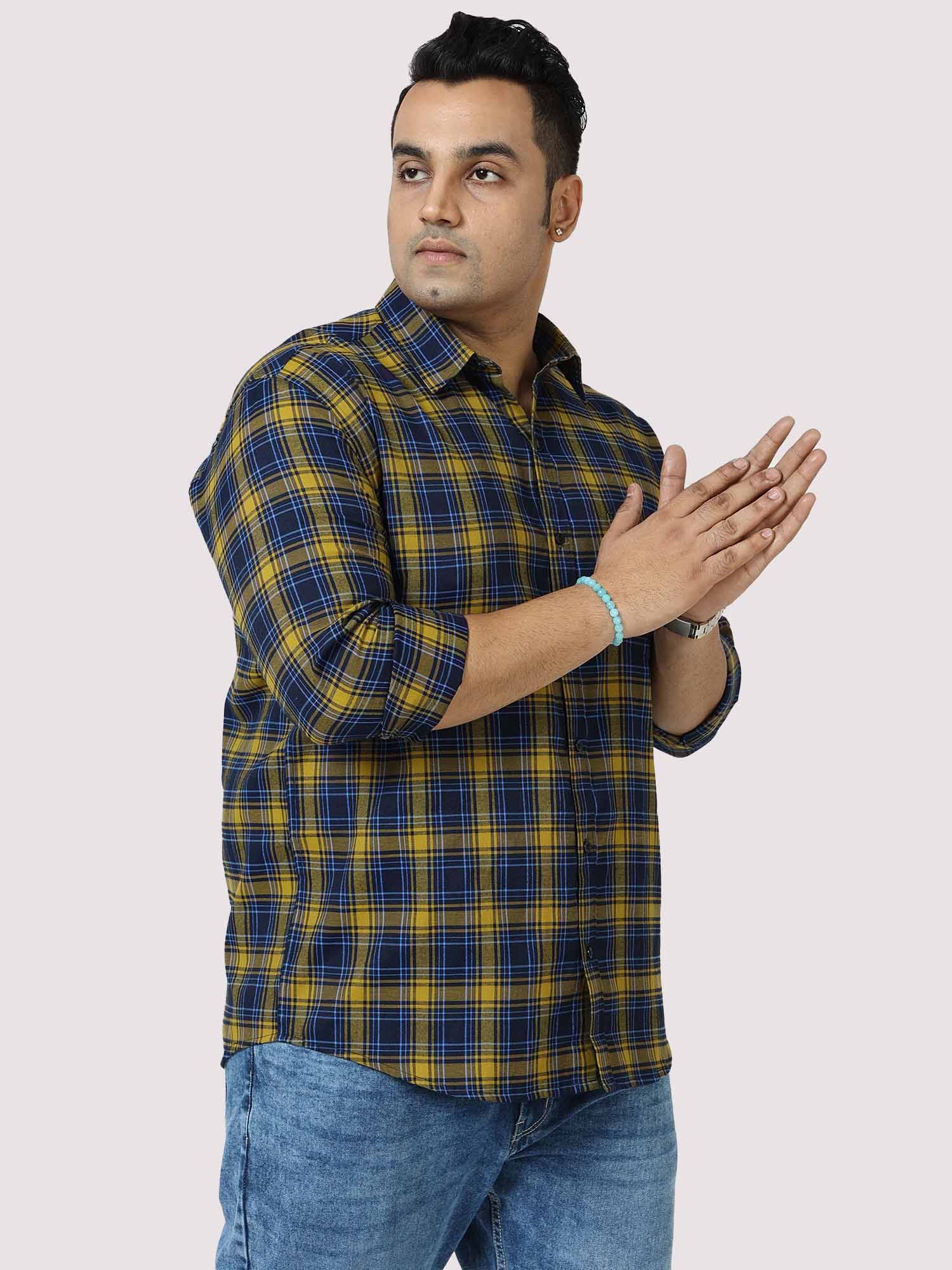 Yellow and Navy Blue Checkered Full Shirt Men's Plus Size - Guniaa Fashions