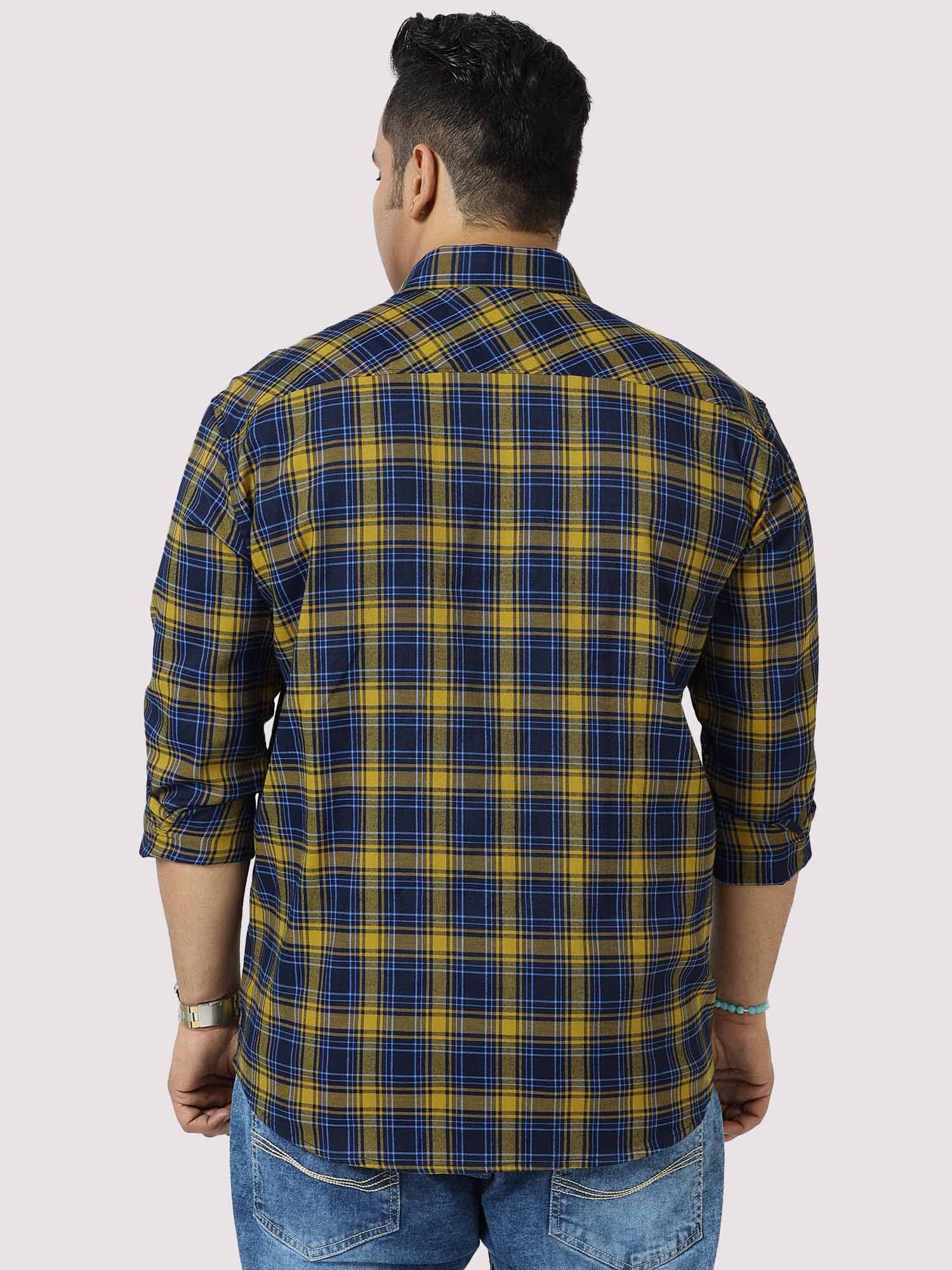 Yellow and Navy Blue Checkered Full Shirt Men's Plus Size - Guniaa Fashions