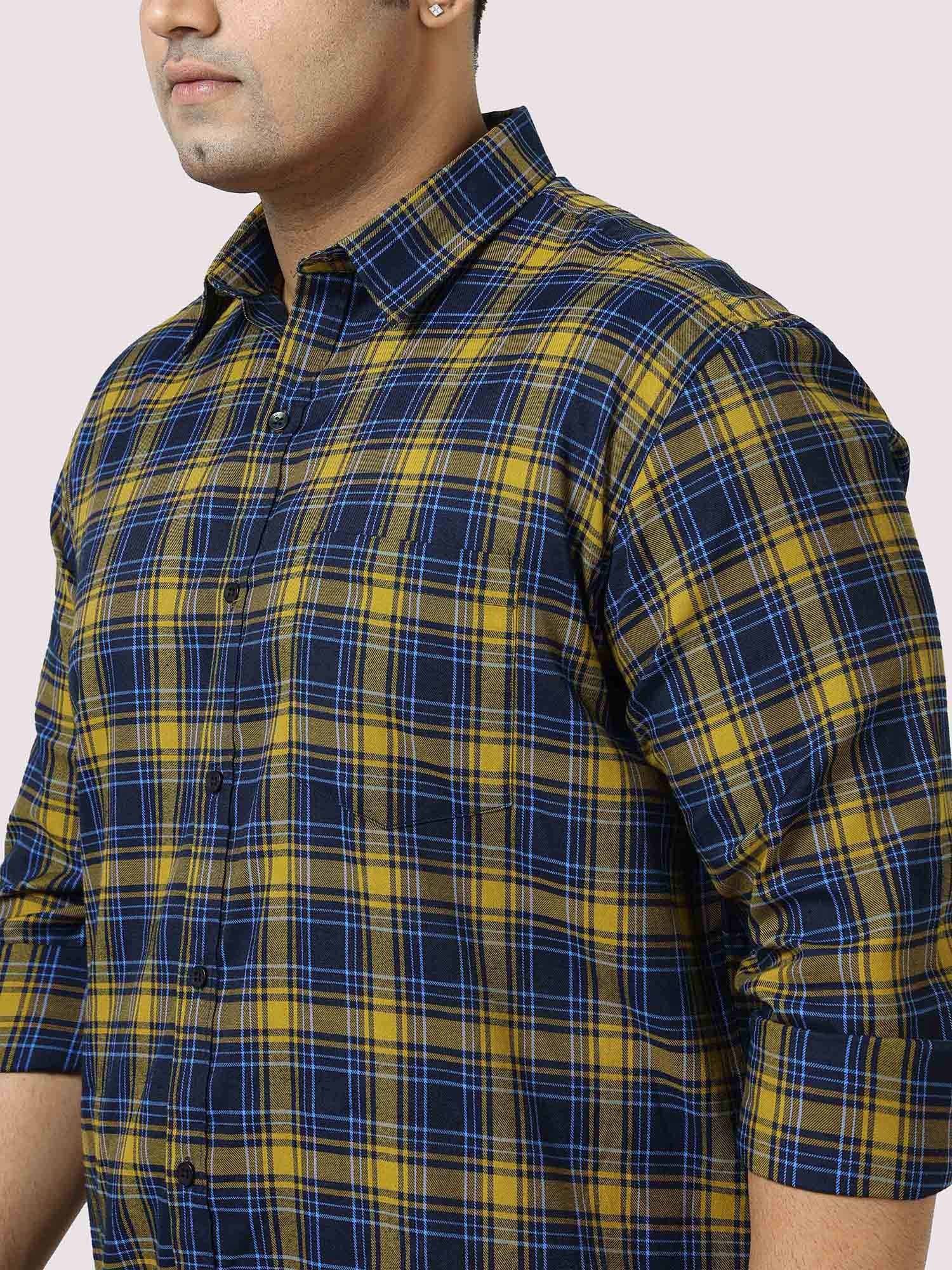 Yellow and Navy Blue Checkered Full Shirt Men's Plus Size - Guniaa Fashions