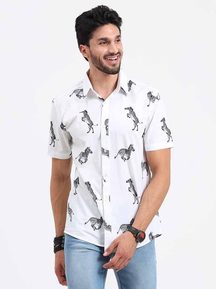 Zebra on Snow White Printed Half Sleeve Shirt - Guniaa Fashions