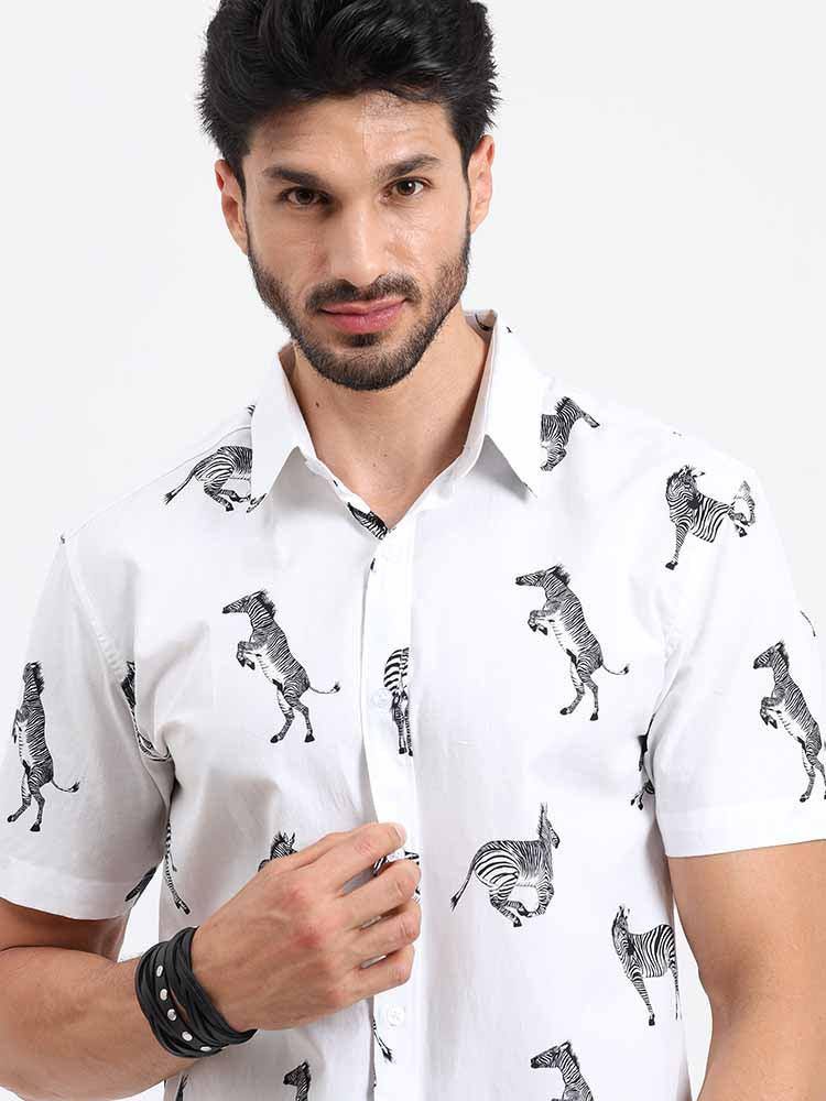 Zebra on Snow White Printed Half Sleeve Shirt - Guniaa Fashions