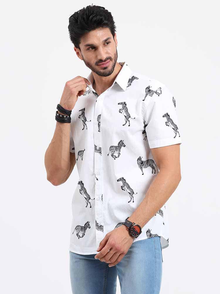Zebra on Snow White Printed Half Sleeve Shirt - Guniaa Fashions
