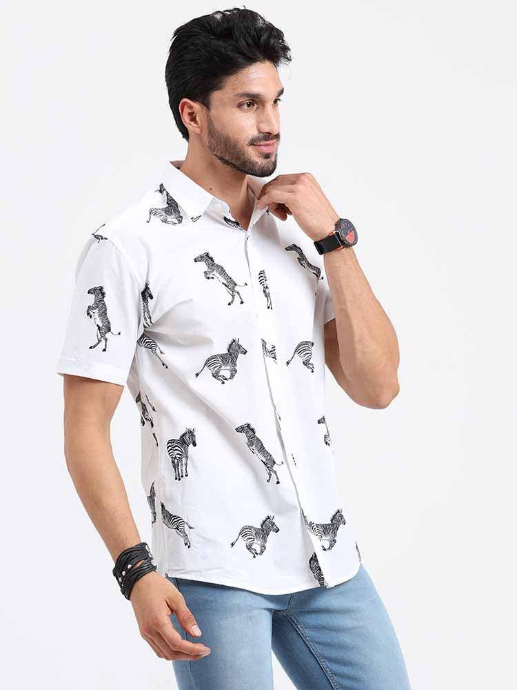 Zebra on Snow White Printed Half Sleeve Shirt - Guniaa Fashions