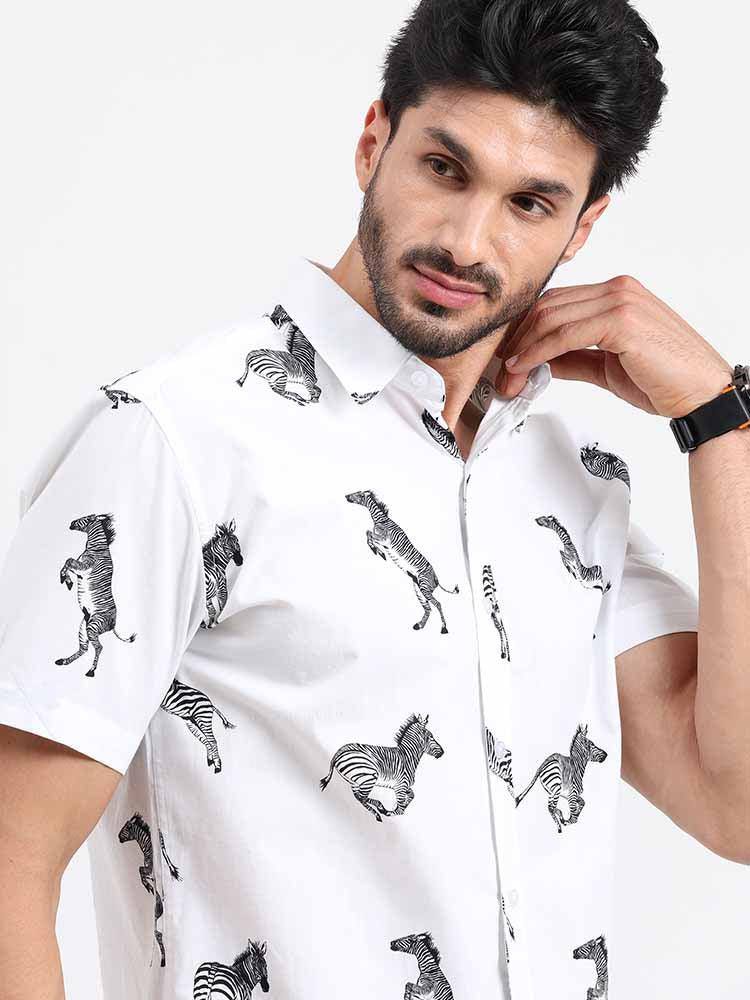 Zebra on Snow White Printed Half Sleeve Shirt - Guniaa Fashions