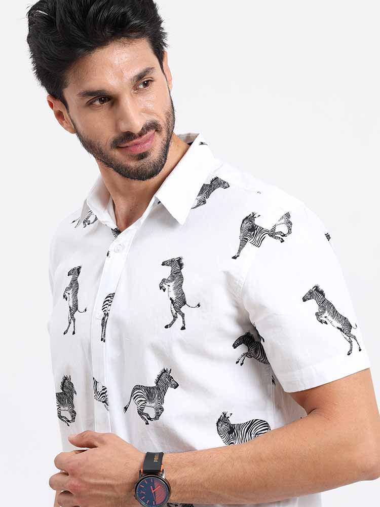 Zebra on Snow White Printed Half Sleeve Shirt - Guniaa Fashions