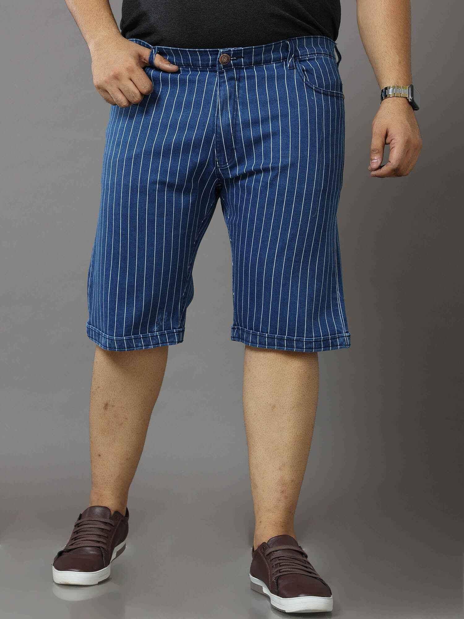 Blue Stripe Denim Shorts Men's Plus Size