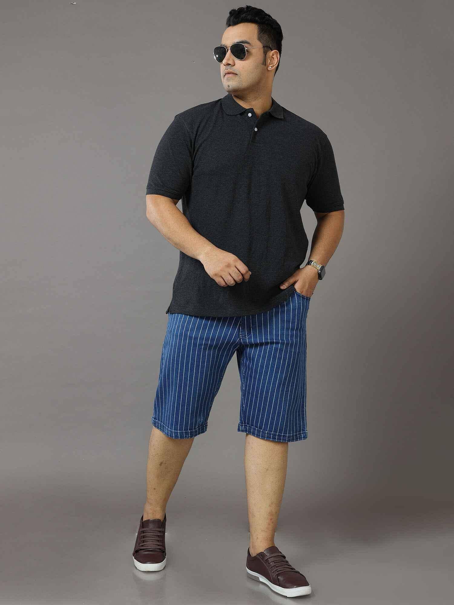 Blue Stripe Denim Shorts Men's Plus Size