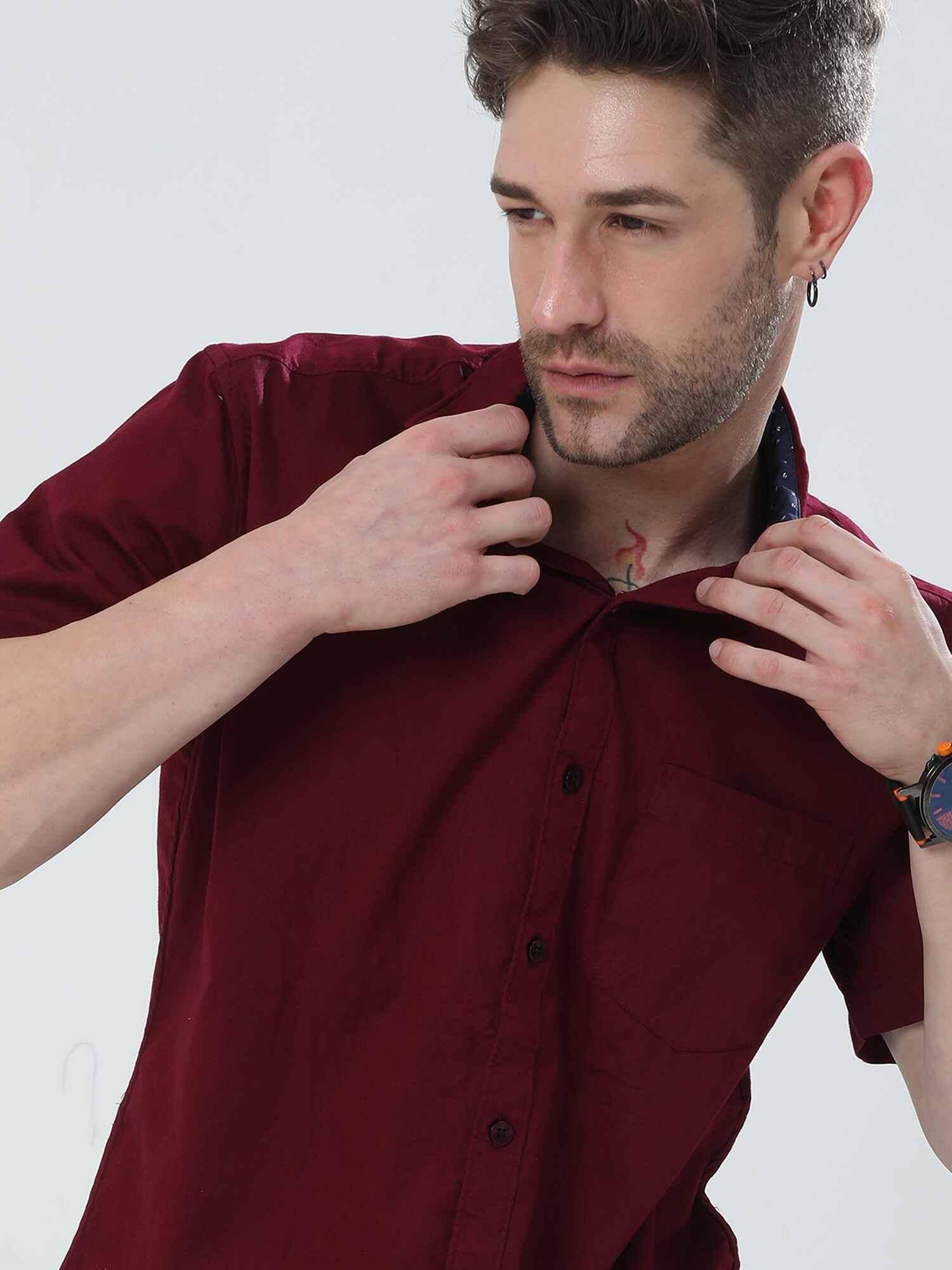 Brick Red Solid Half Sleeve Shirt - Guniaa Fashions